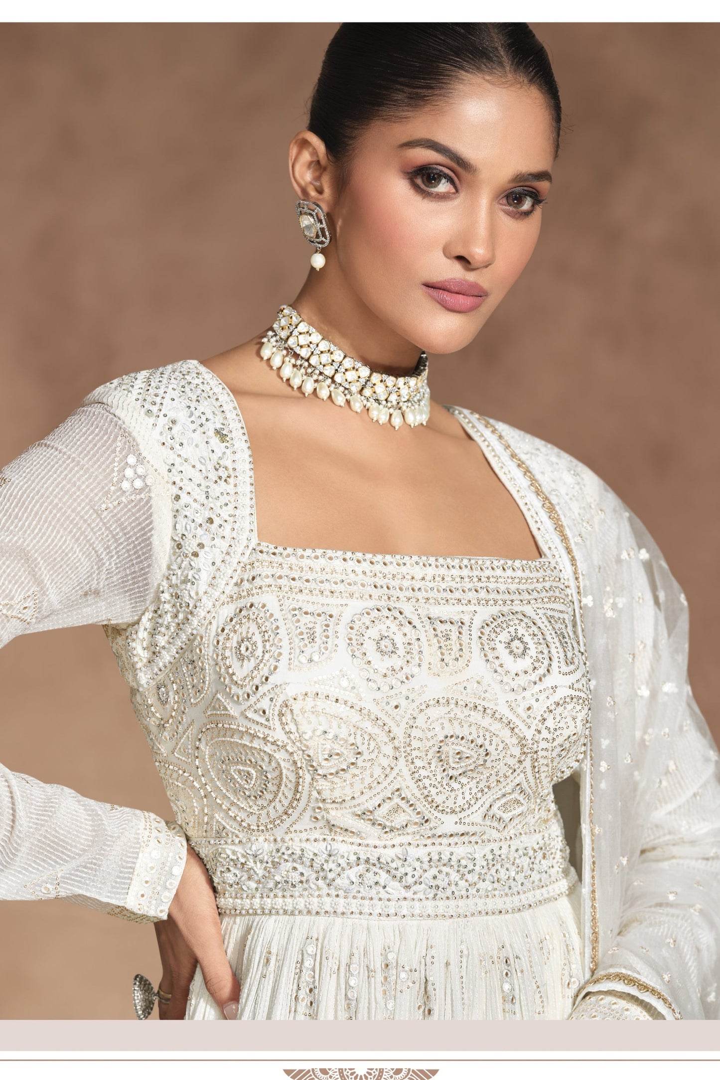 White Georgette Floor Full Length Anarkali Suit Dress For Festivals & Weddings - Chikankari Embroidery Work