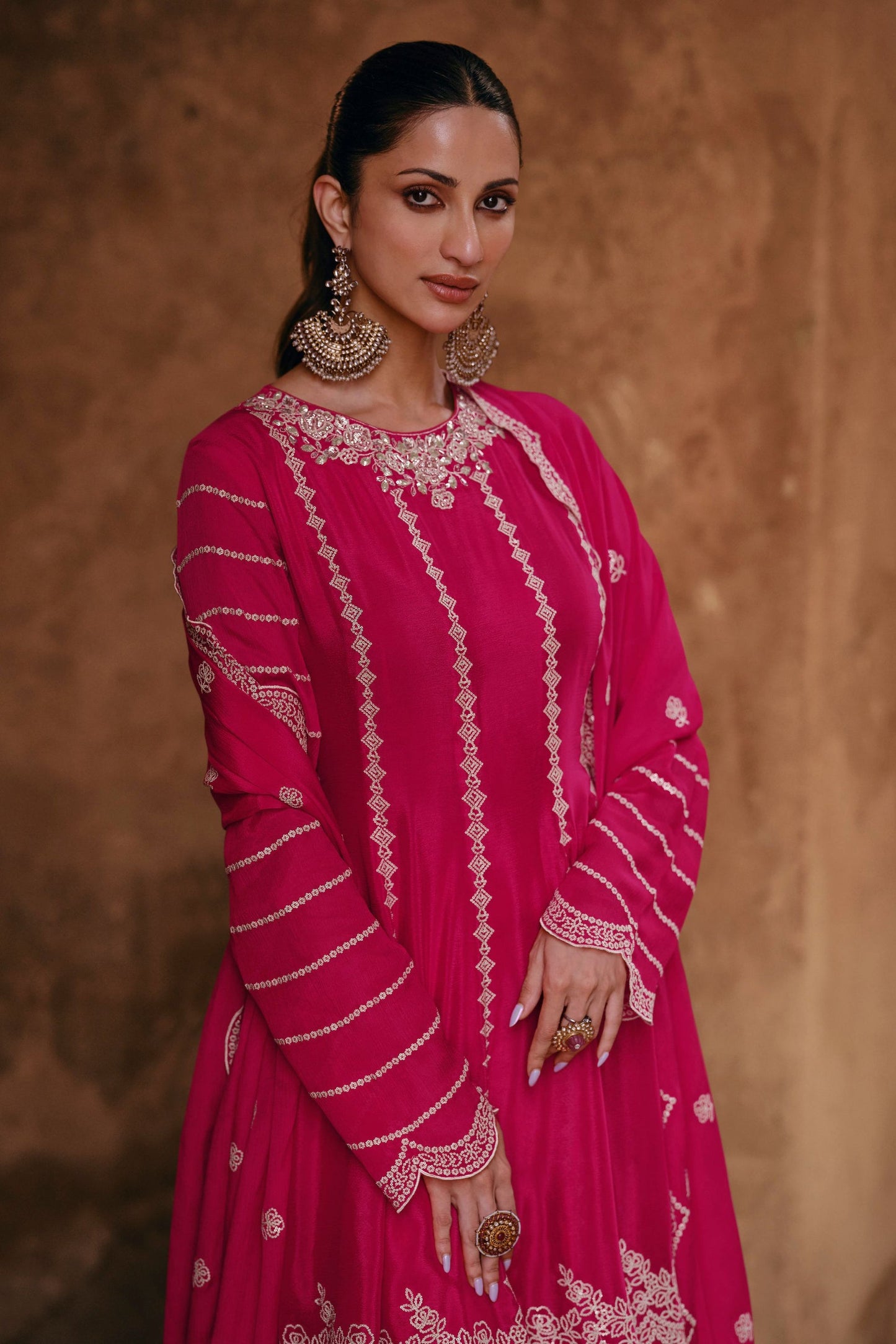 Pink Chinon Silk Sharara Suit - Embroidery Work