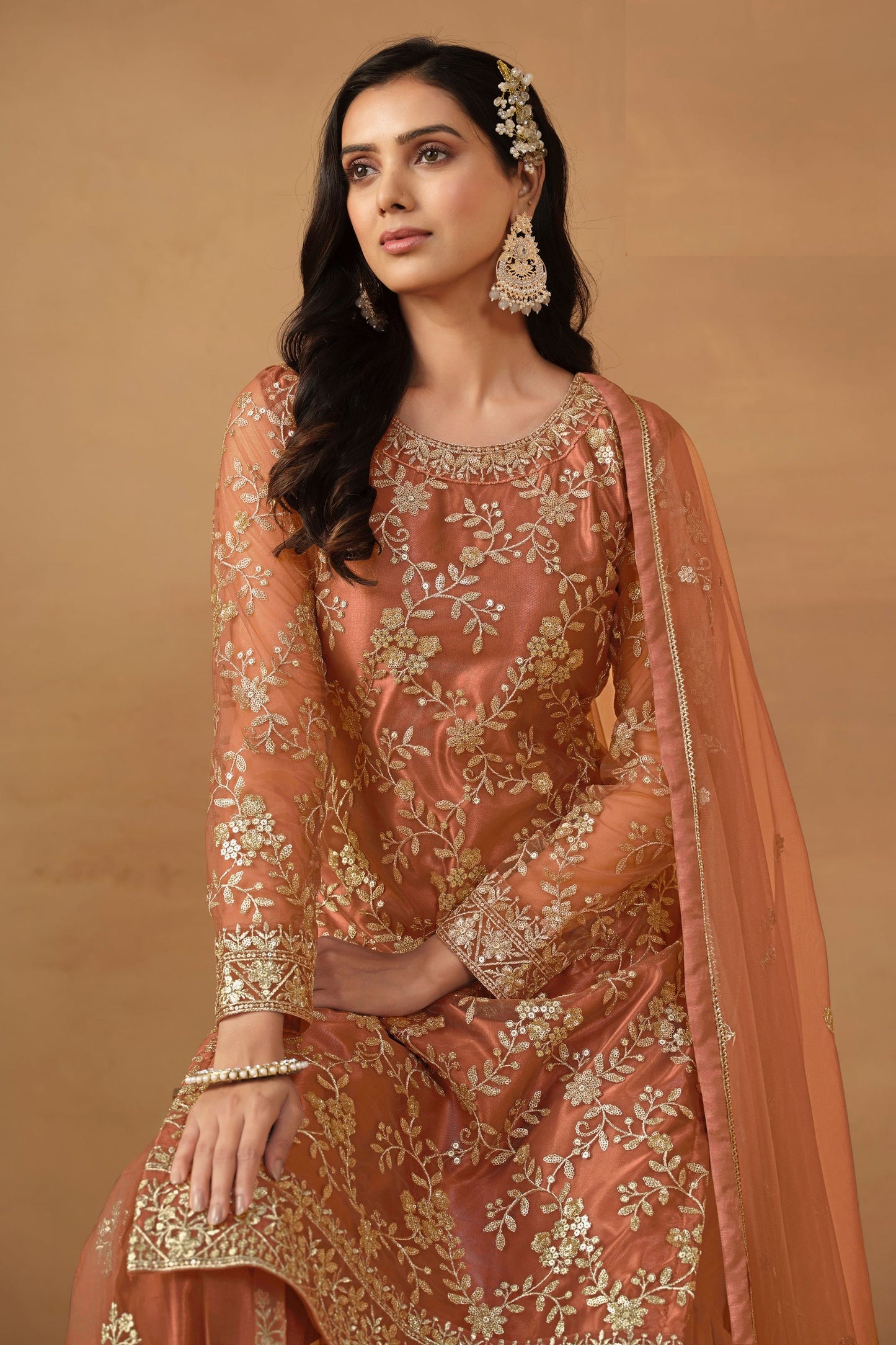 Peach Net Sharara Suit - Thread & Sequence Embroidery Work