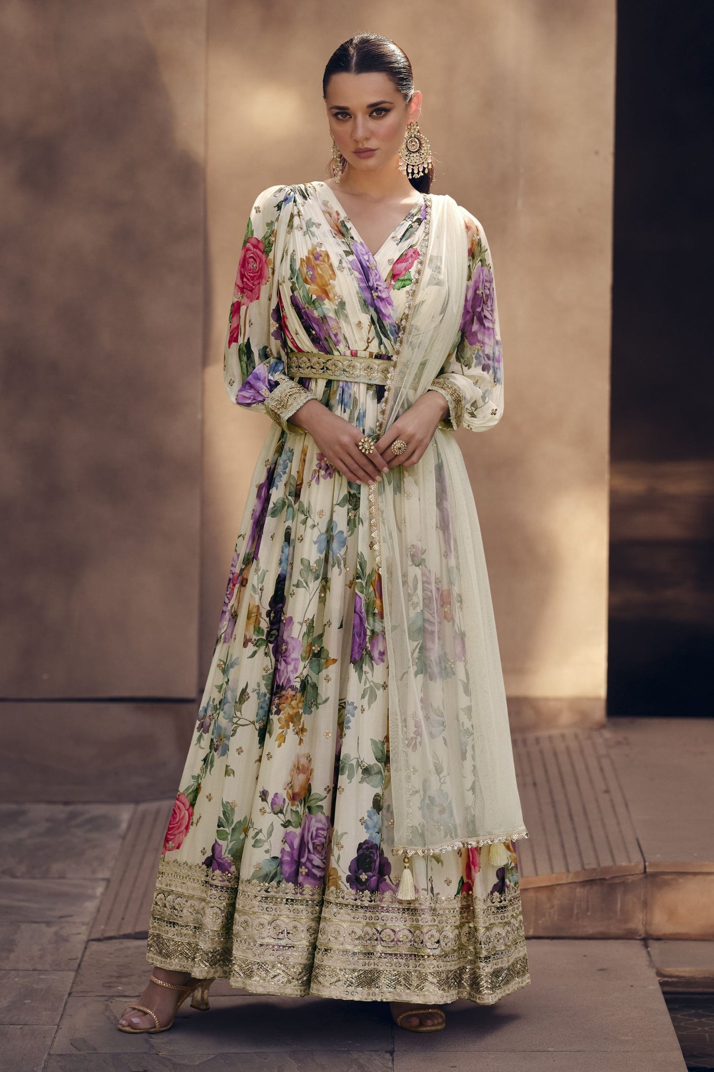White Georgette Floor Full Length Flower Printed Anarkali Gown For Festivals & Weddings - Embroidery Work, Print Work