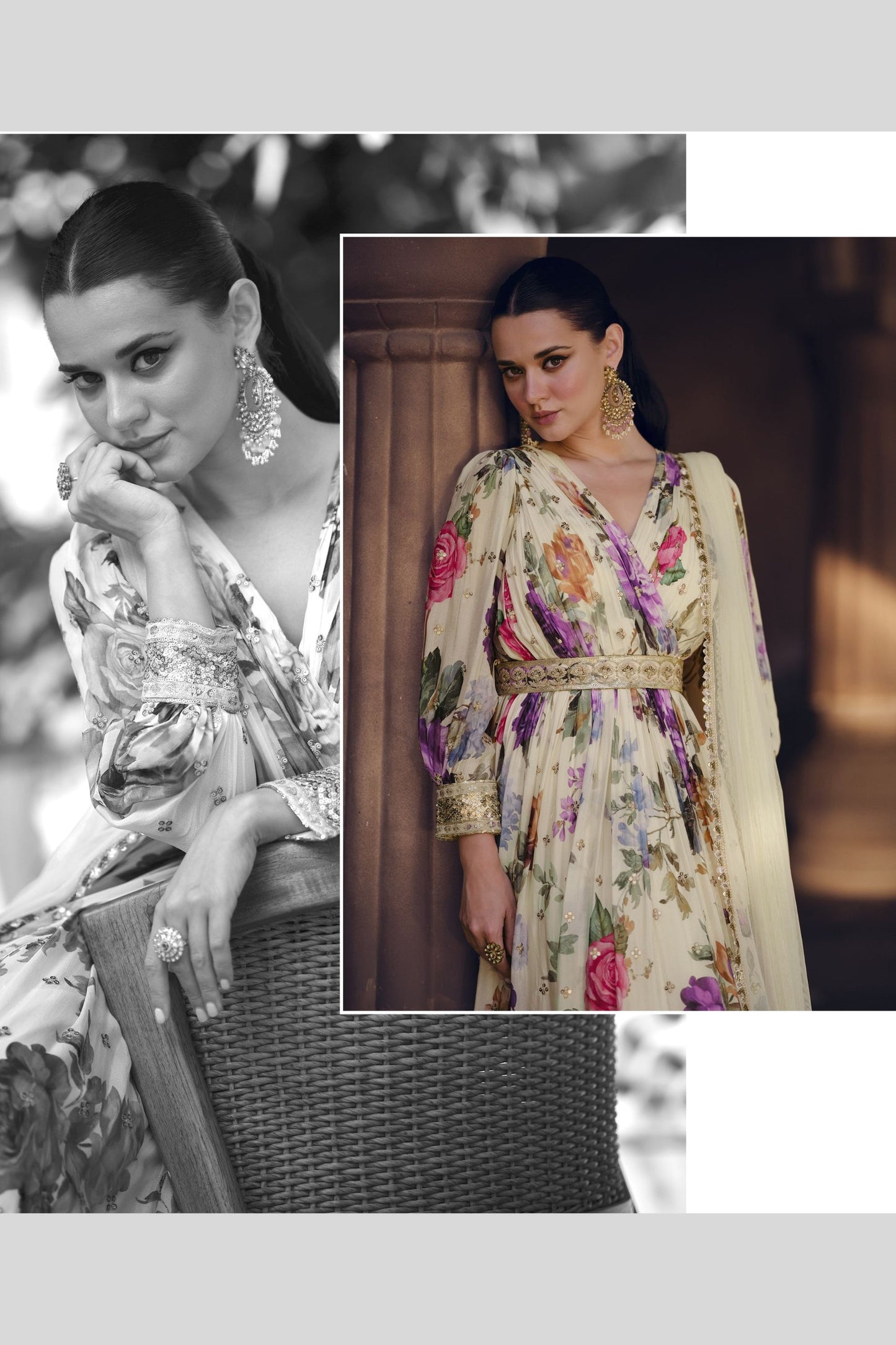 White Georgette Floor Full Length Flower Printed Anarkali Gown For Festivals & Weddings - Embroidery Work, Print Work