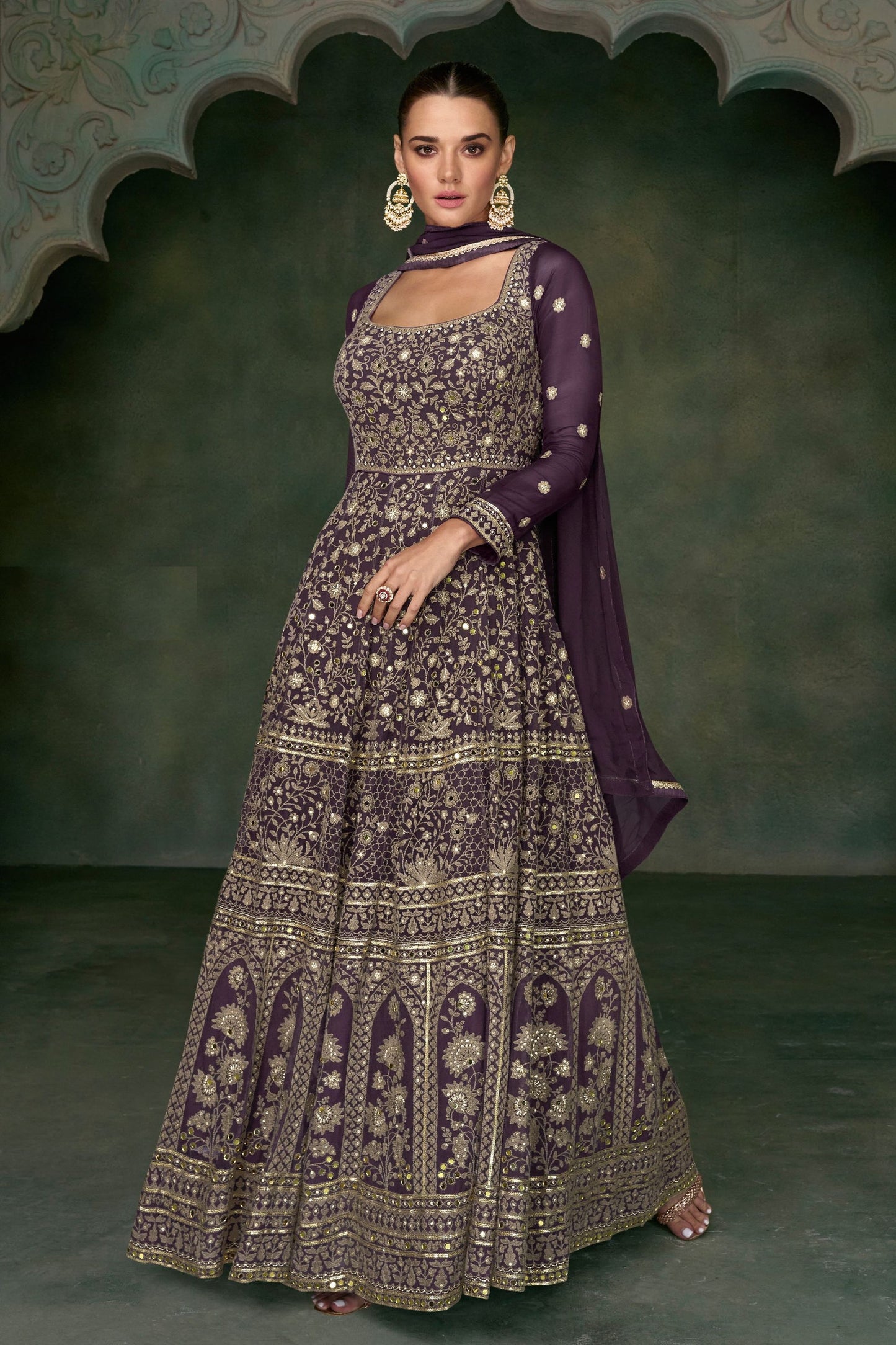 Purple Georgette Floor Full Length Embroidered Anarkali Gown For Festivals & Weddings - Embroidery Work