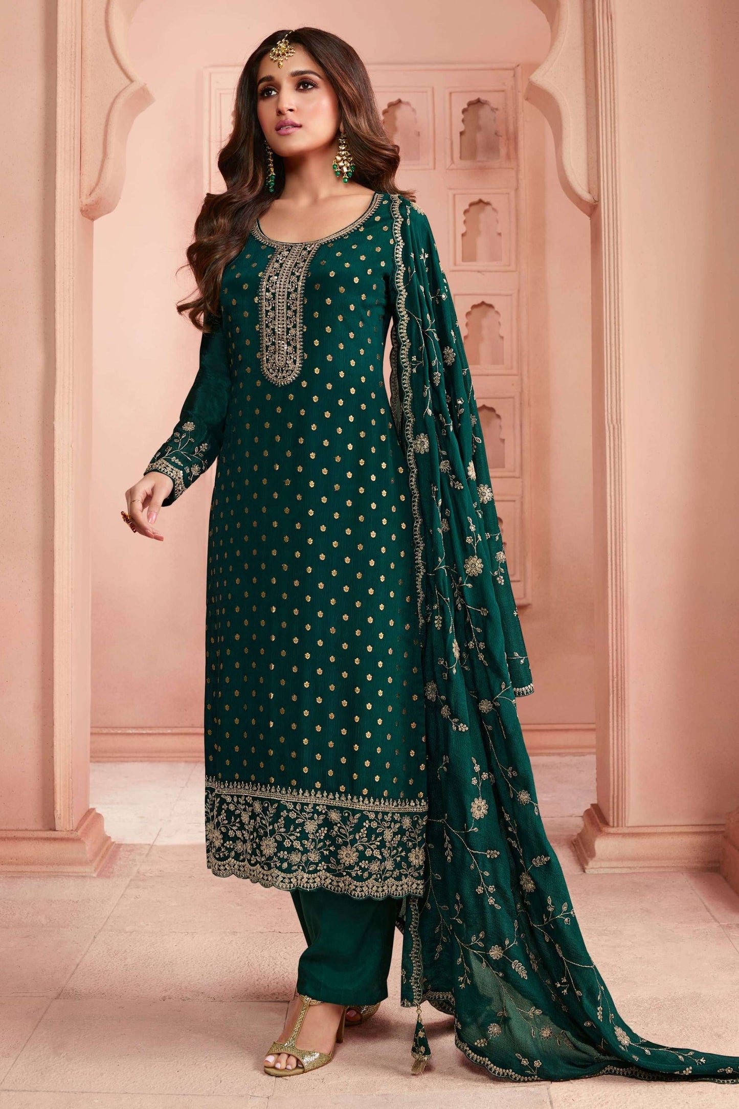Teal Silk suit with Pant - Thread Embroidery Work