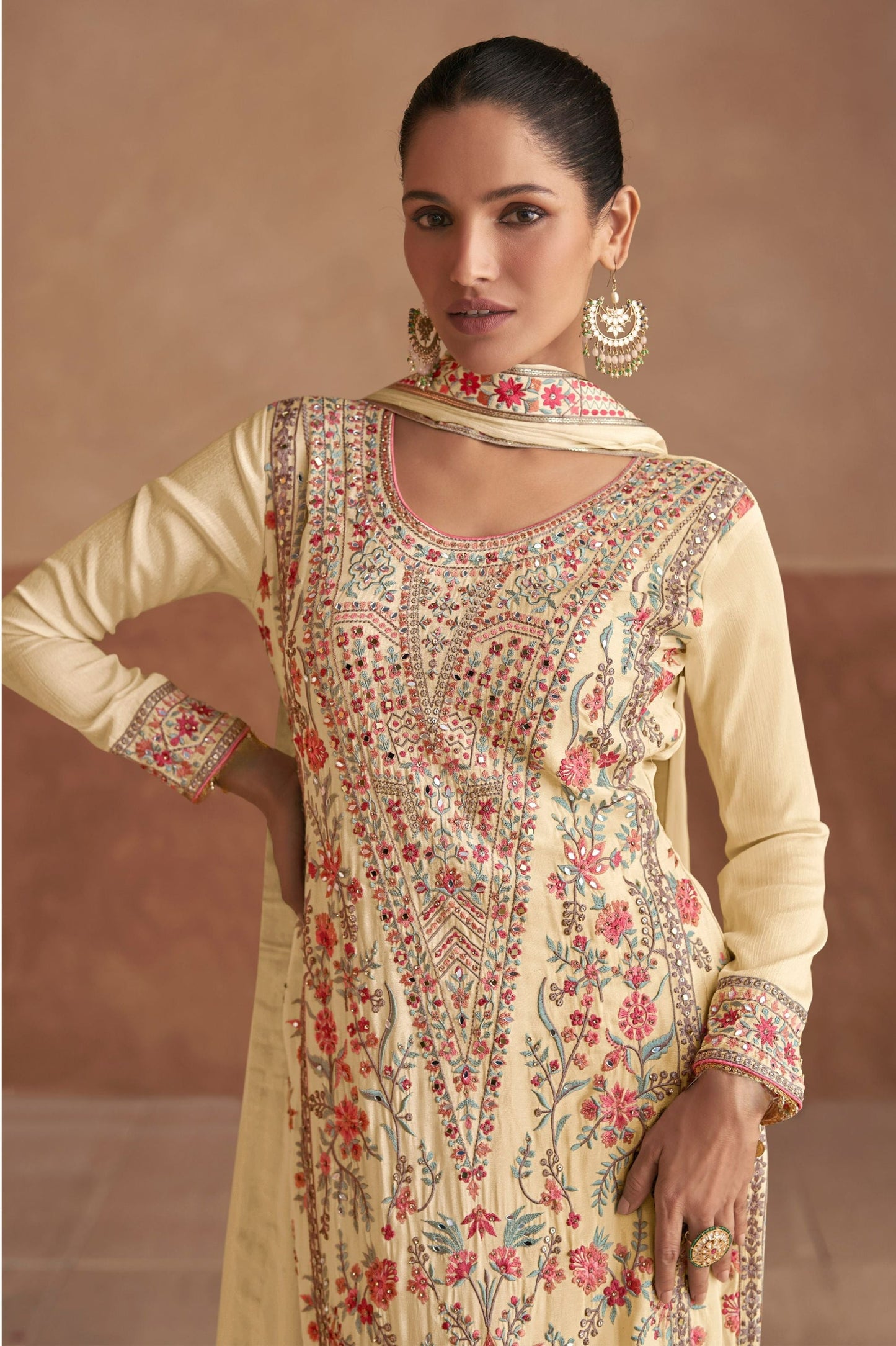Cream Chinon Silk salwar suit - Embroidery Work