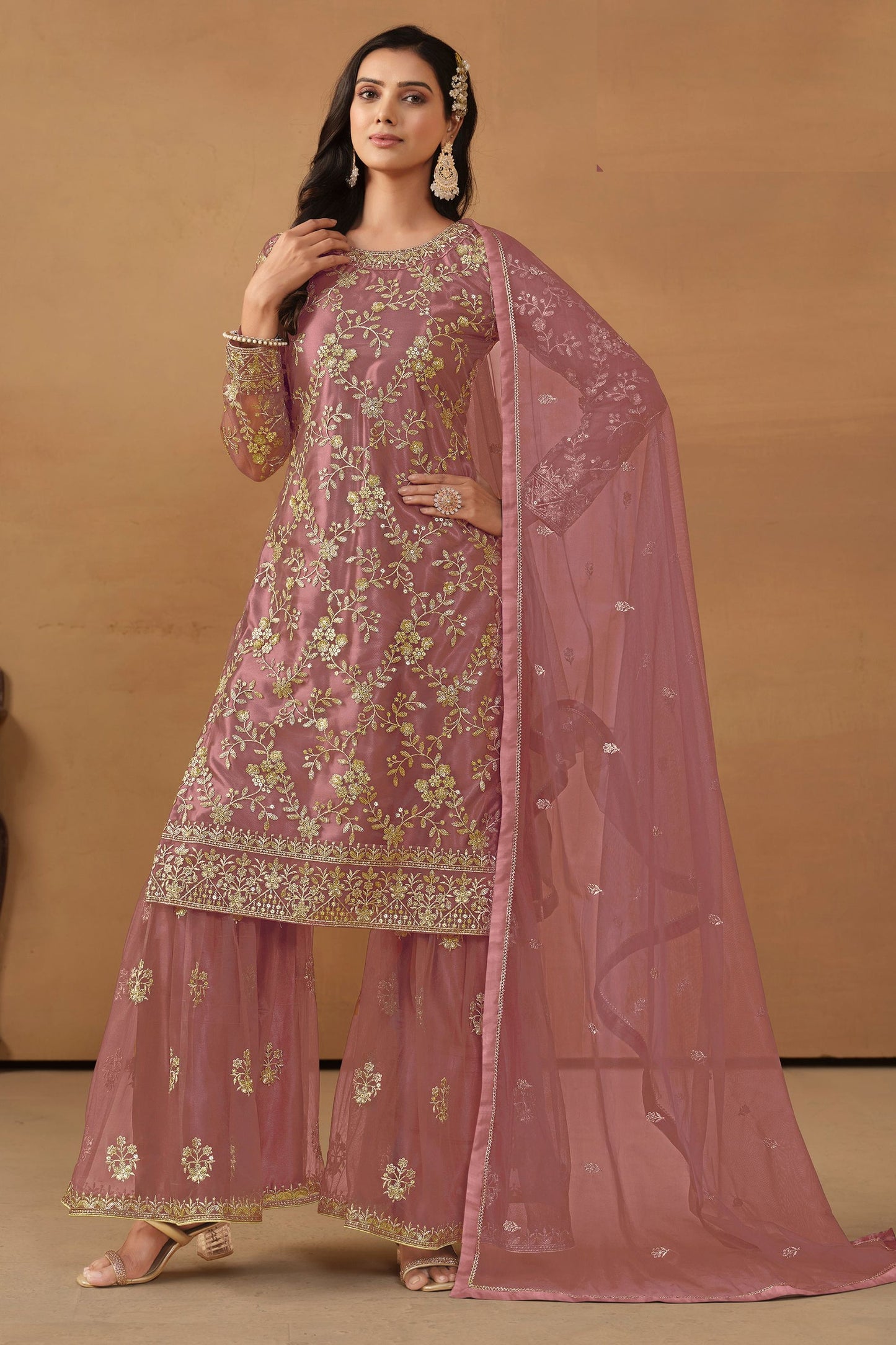 Pink Net Sharara Suit - Thread & Sequence Embroidery Work