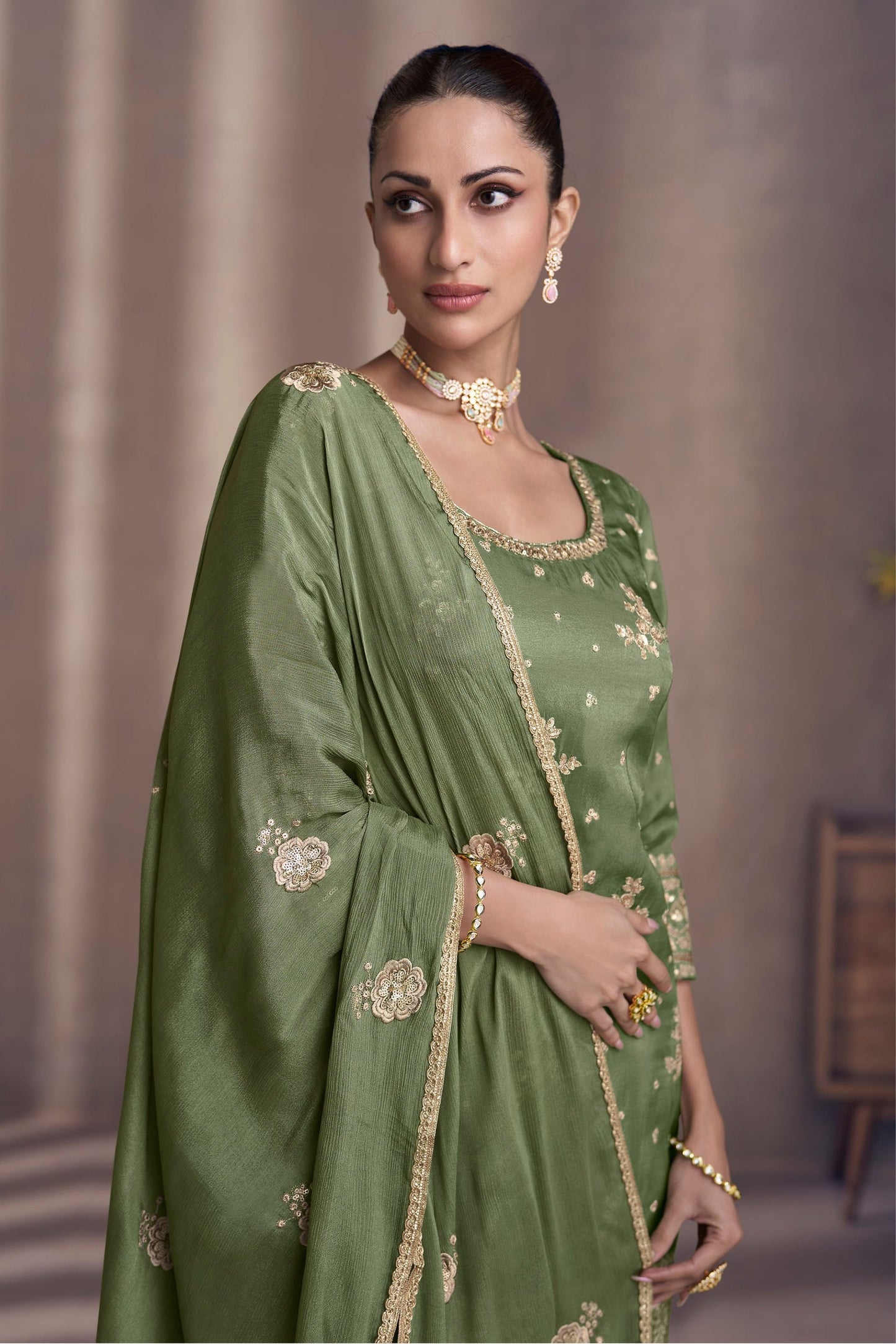 Green Chinon Silk Sharara Suit - Embroidery Work