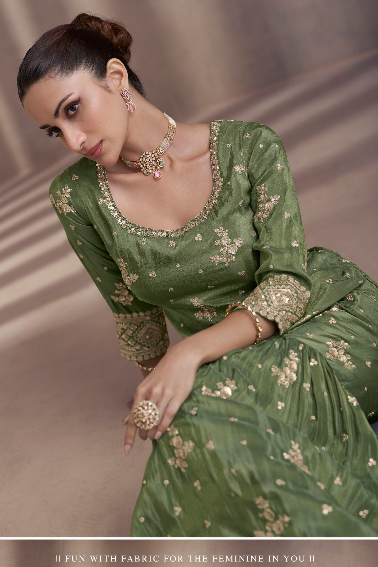 Green Chinon Silk Sharara Suit - Embroidery Work