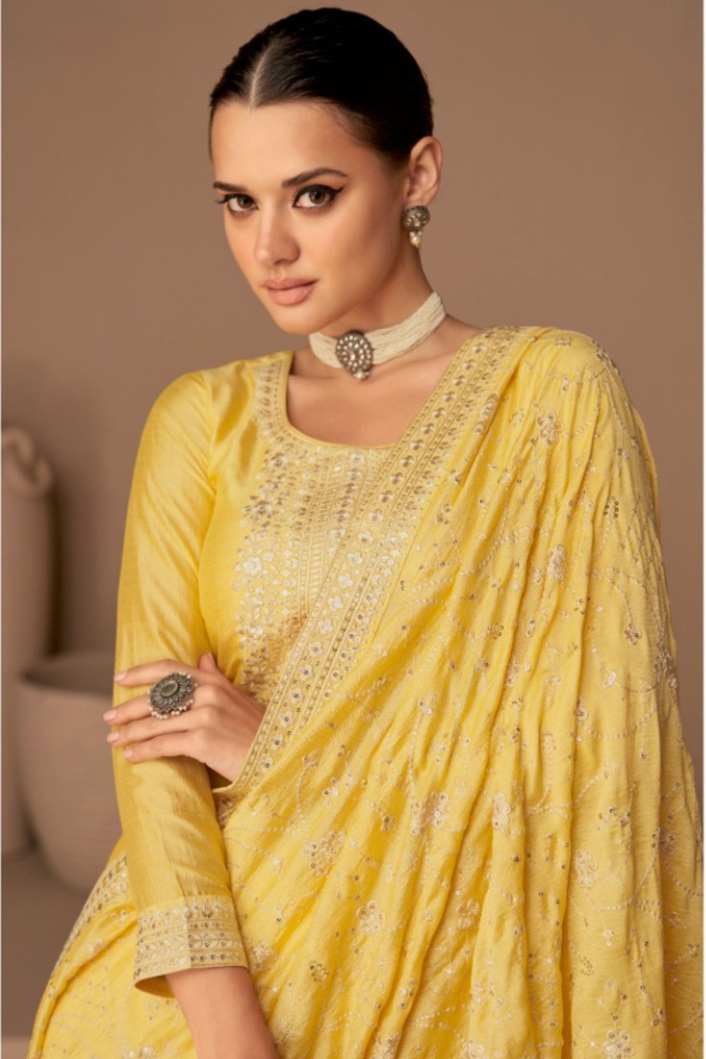 Yellow Chinon Silk salwar Suit - Thread Embroidery Work