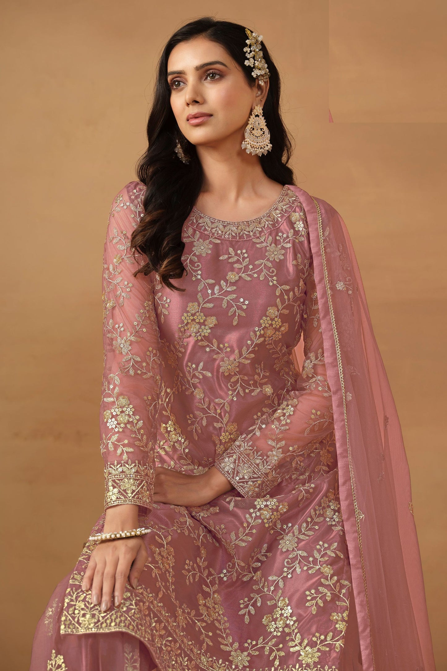 Pink Net Sharara Suit - Thread & Sequence Embroidery Work