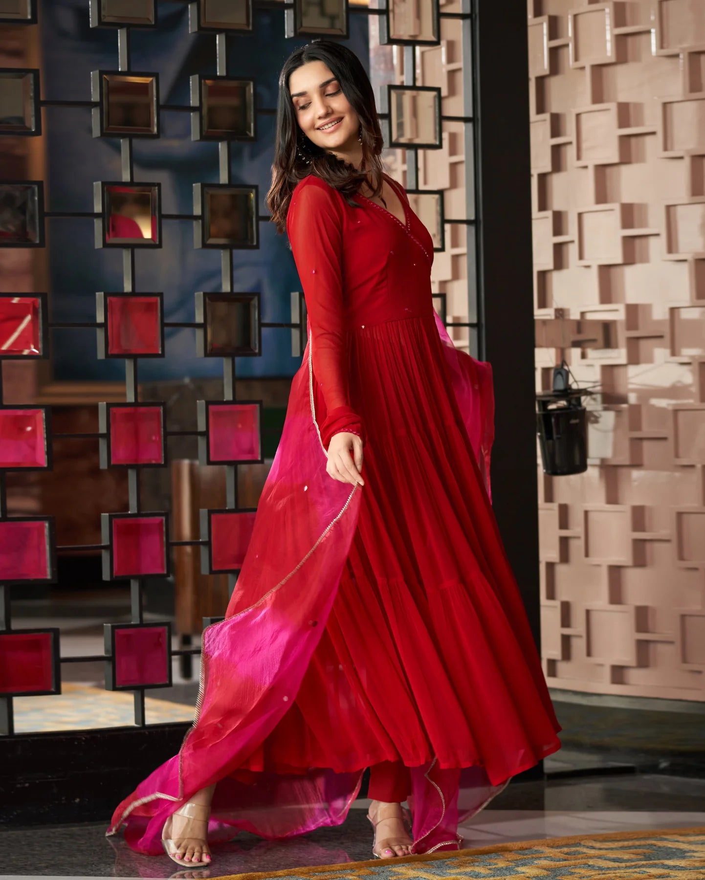 Stitched Anarkali Georgette Suit Set + Dupatta : Red