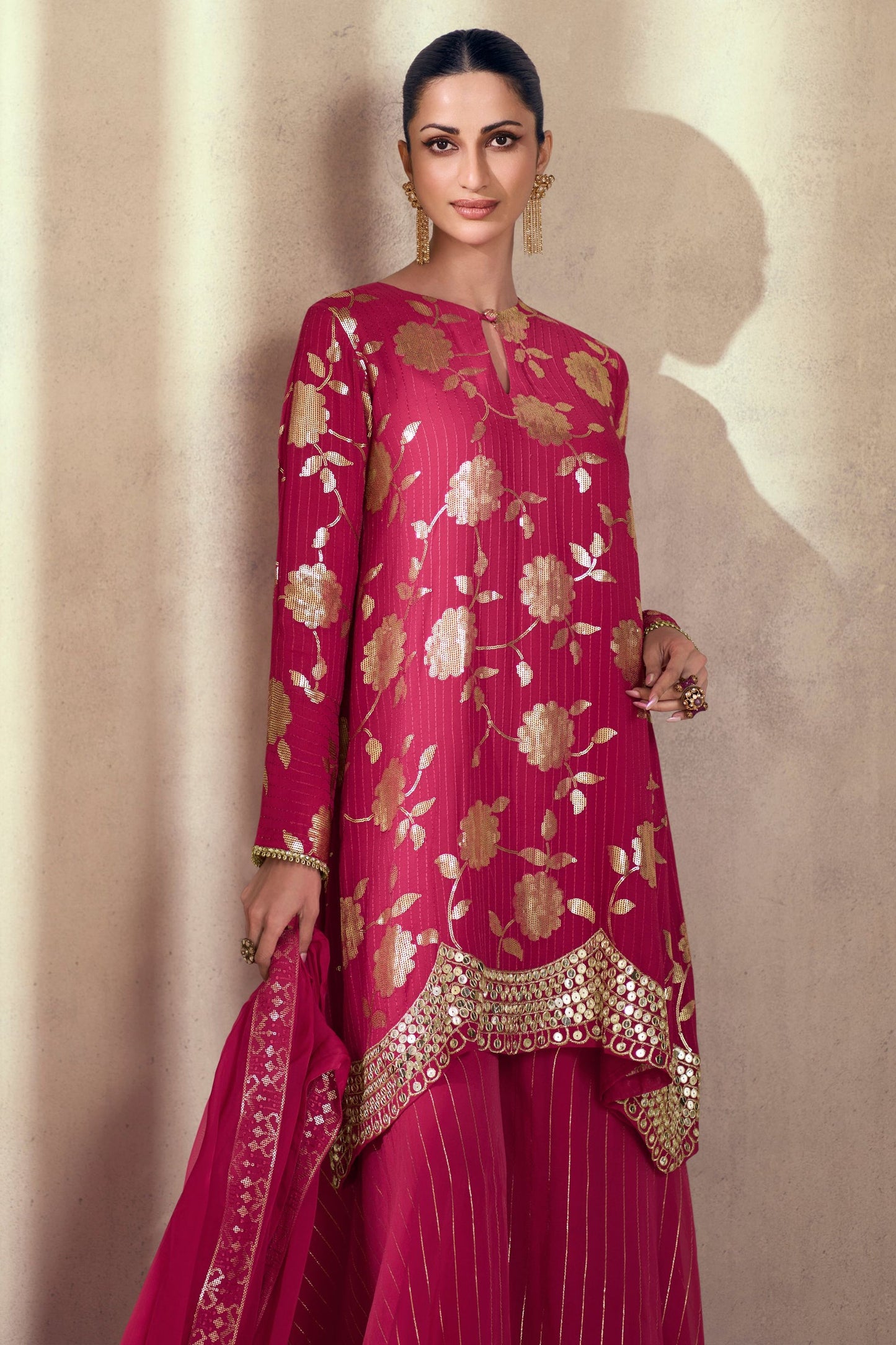 Dark Pink Georgette Plazo With Kameez Suit - Embroidery Work