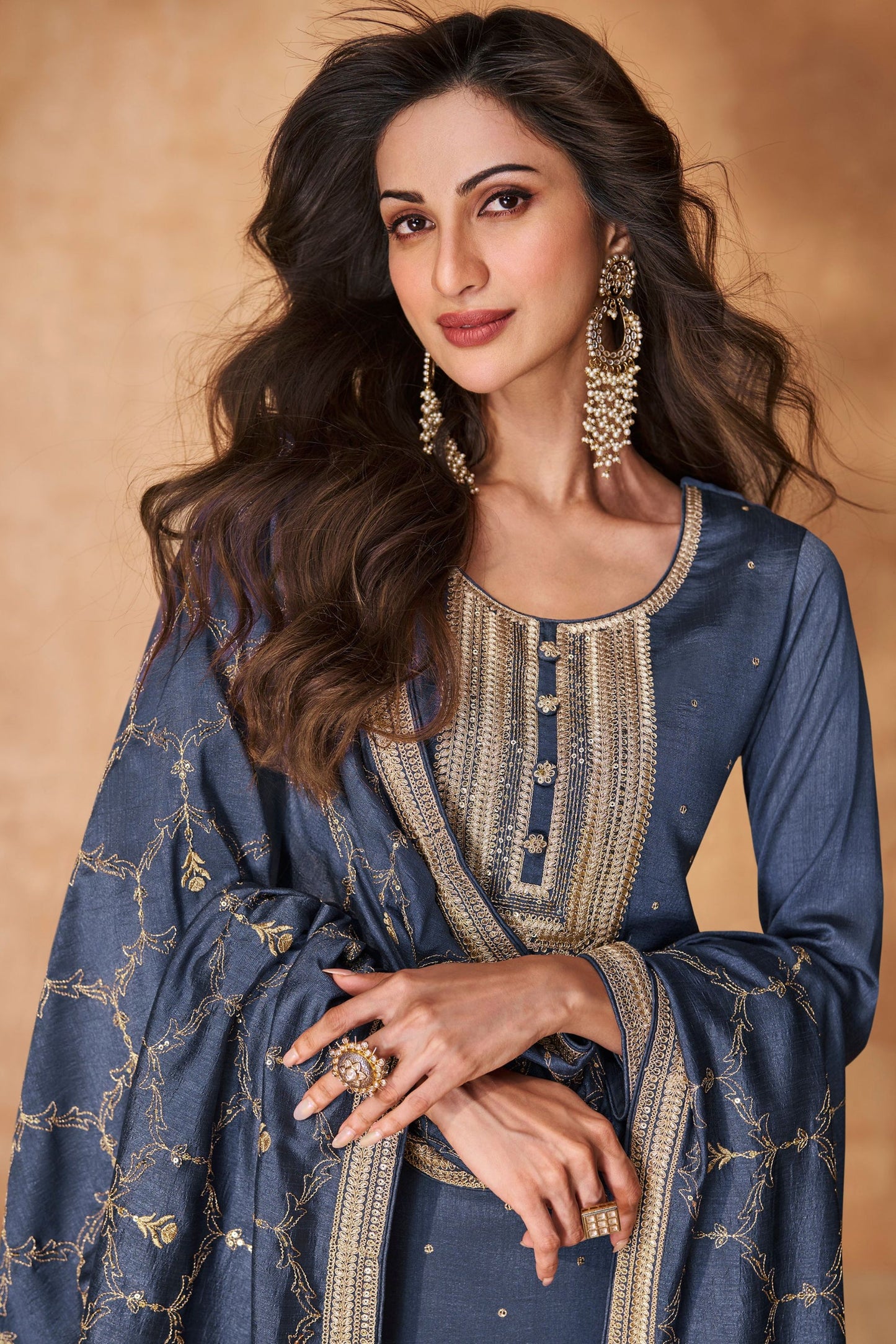 Gray Silk Salwar suit - Thread Embroidery Work