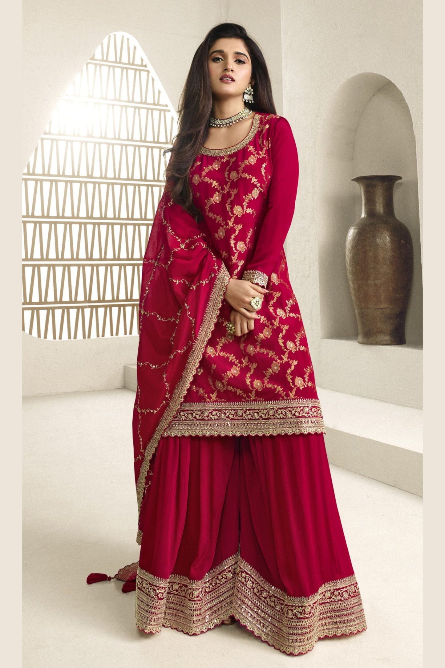 Red Jacquard Silk Palazzo Suit - Embroidery Work