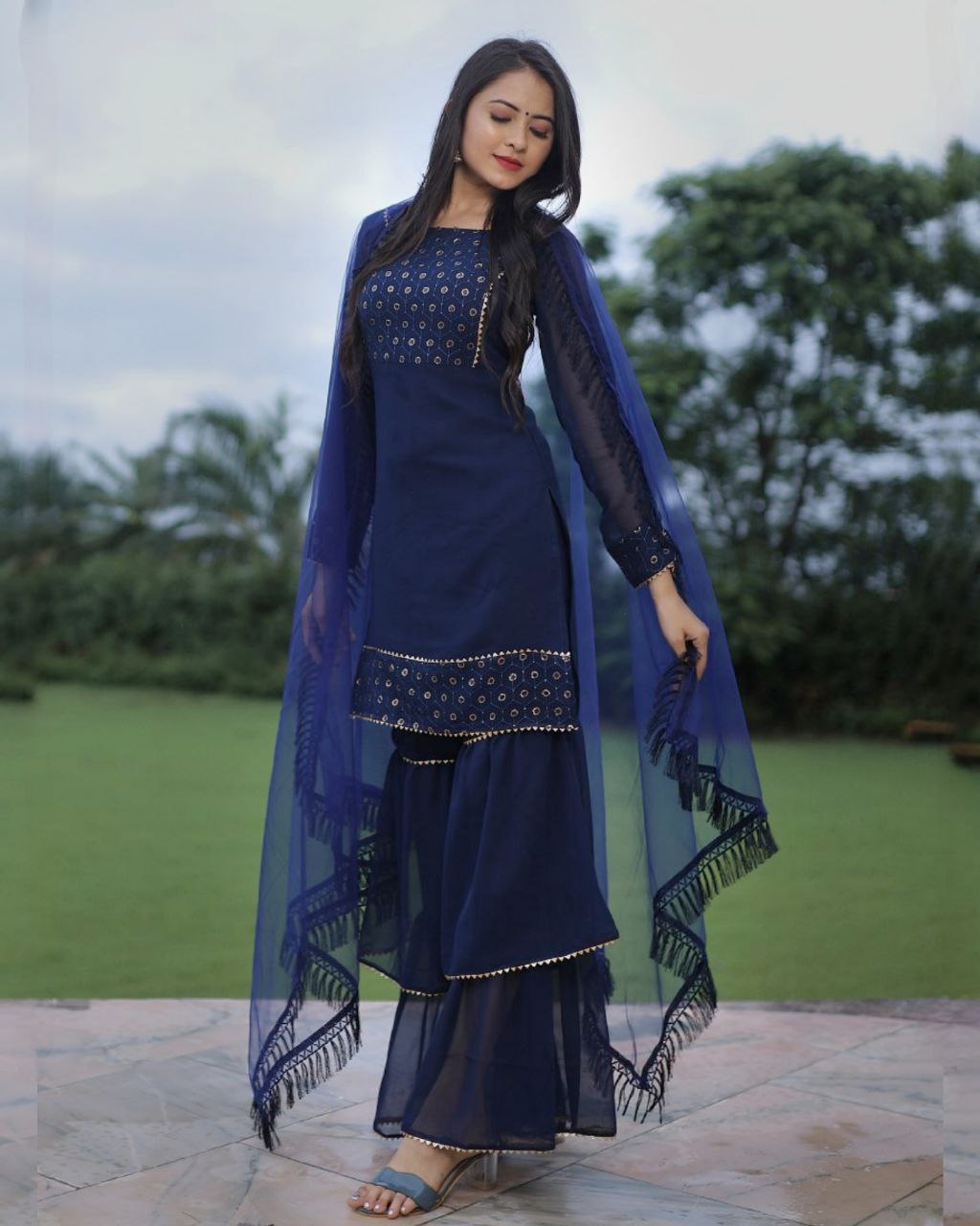 Neavy Blue Heavy Georgette Thread Work Sharara Suit With Dupatta
