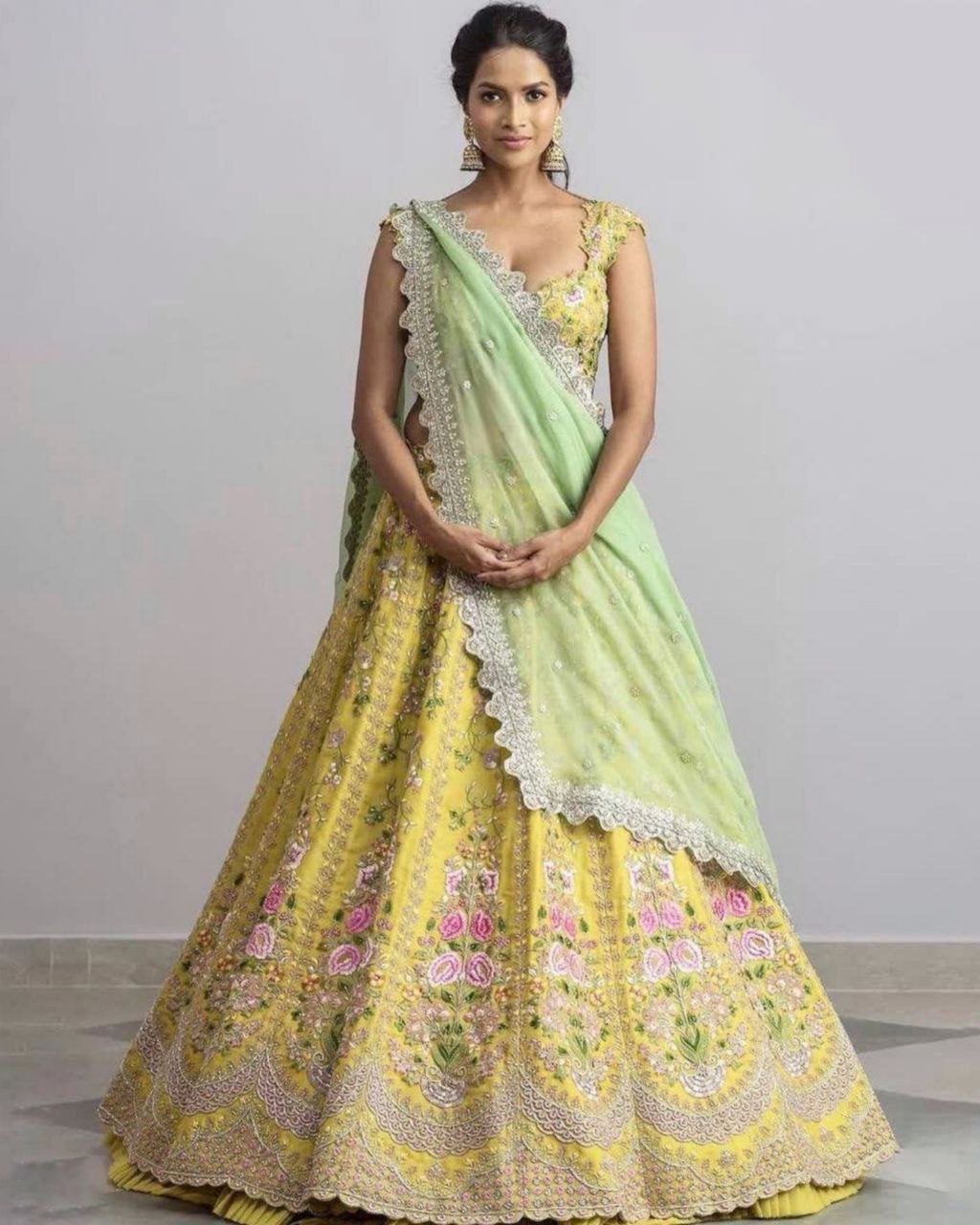 Alluring Yellow Taffeta Silk Flower Embroidery Work Lehenga Choli With Pink Dupatta