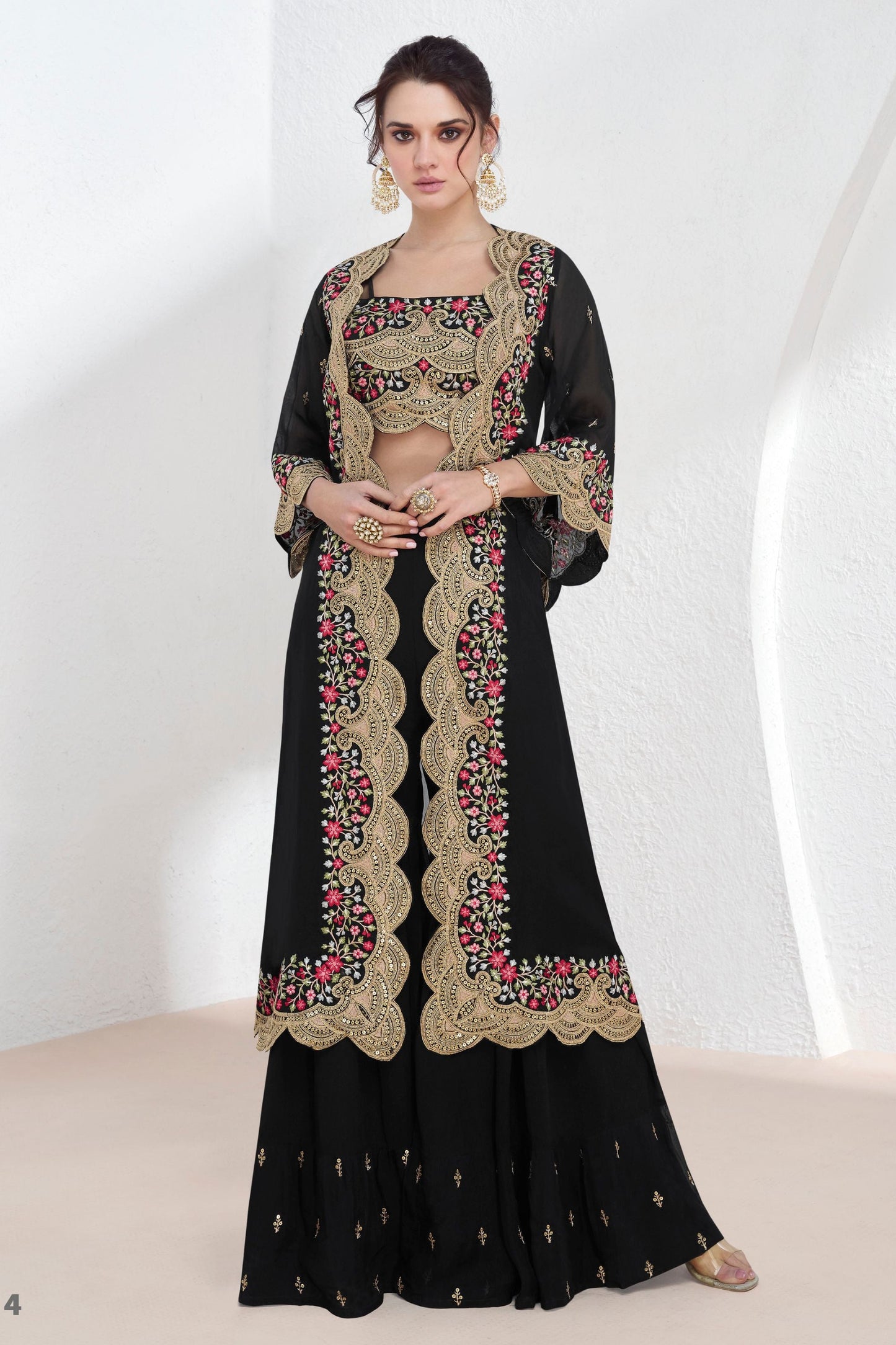 Black Georgette Palazzo with Choli with Koti - Embroidery Work