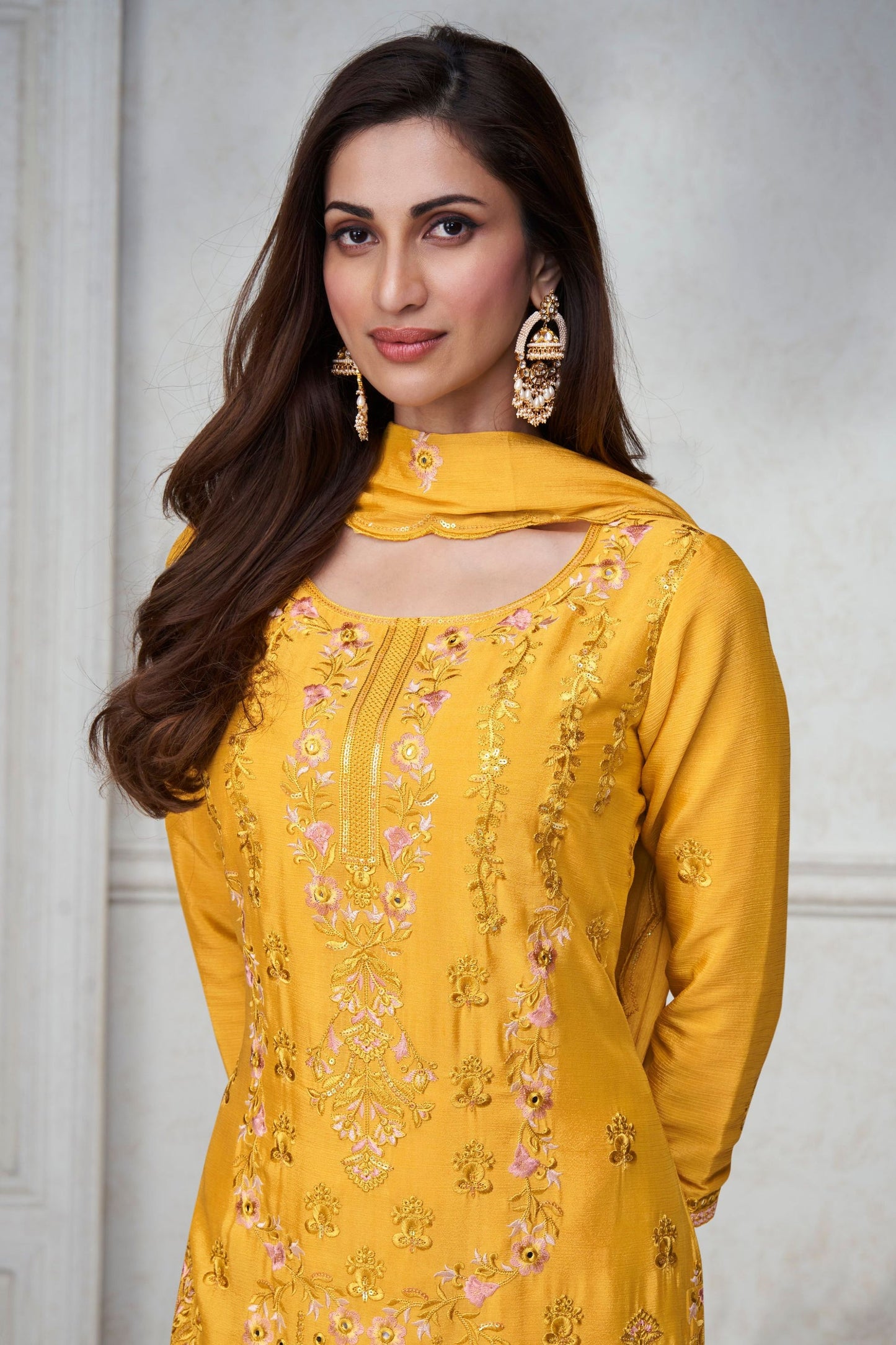 Golden Chinon Silk Sharara suit - Thread Embroidery Work