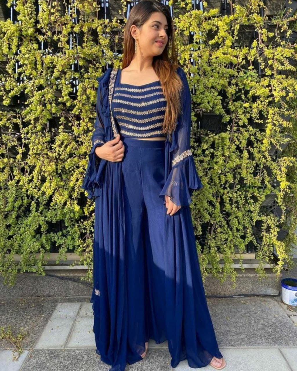 Aromatic Georgette Fancy Thread Work Sharara Suit With Jacket