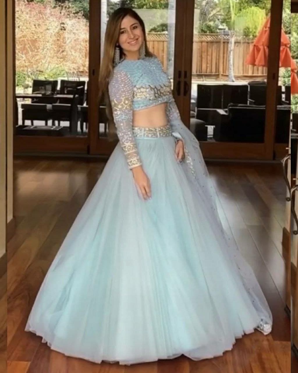 Aromatic Sky Blue Butterfly Mono Net Chain Sequence Work Lehenga Choli