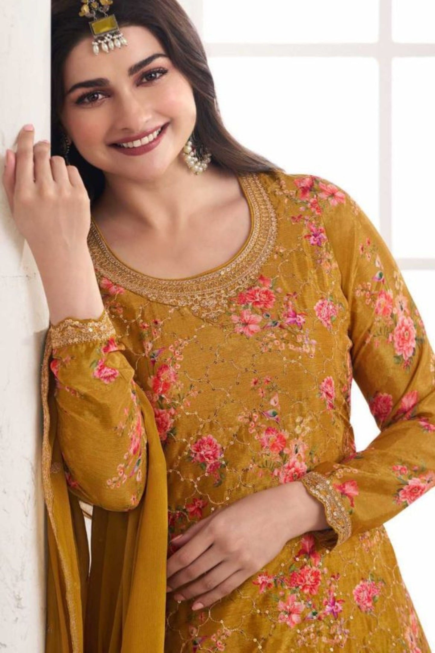 Mustard Chinon Silk Plus Size Floral Plazo Suit For Festivals & Weddings Dress - Embroidery Work, Print Work