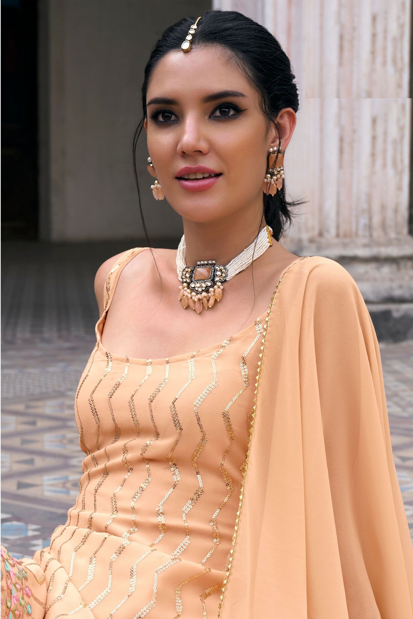 Peach Georgette Sharara Suits - Thread & Sequence Embroidery Work