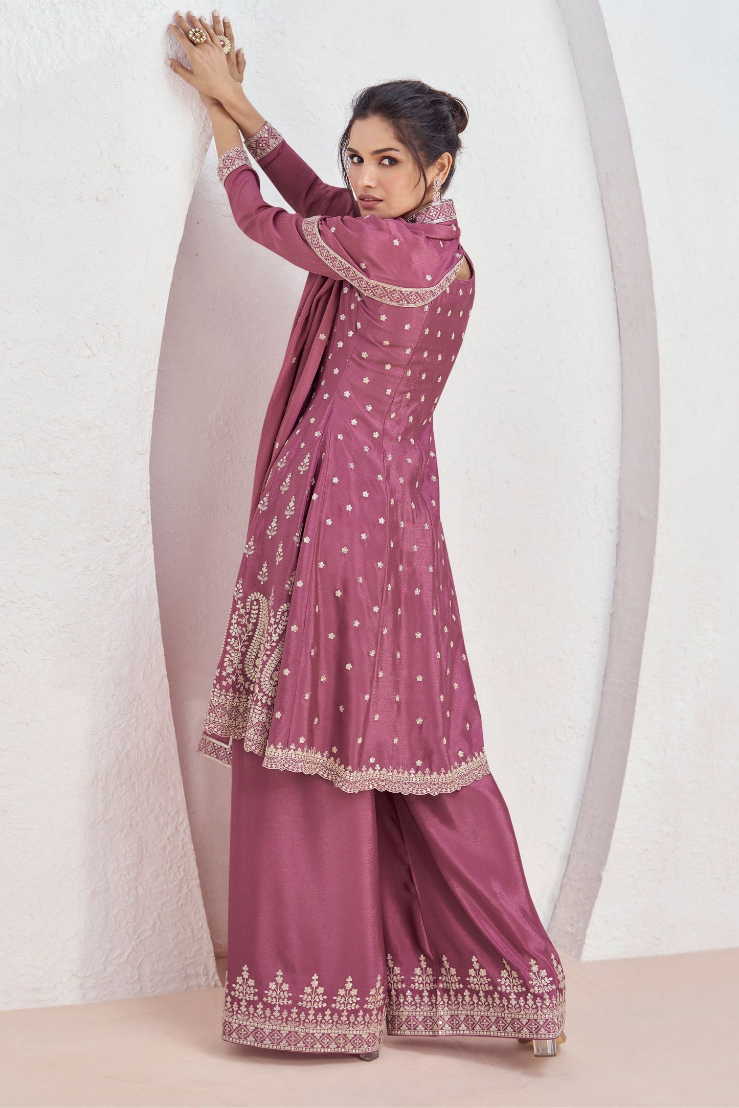 Pink Chinon Silk Palazzo Suit For Festival & Weddings - Embroidery Work