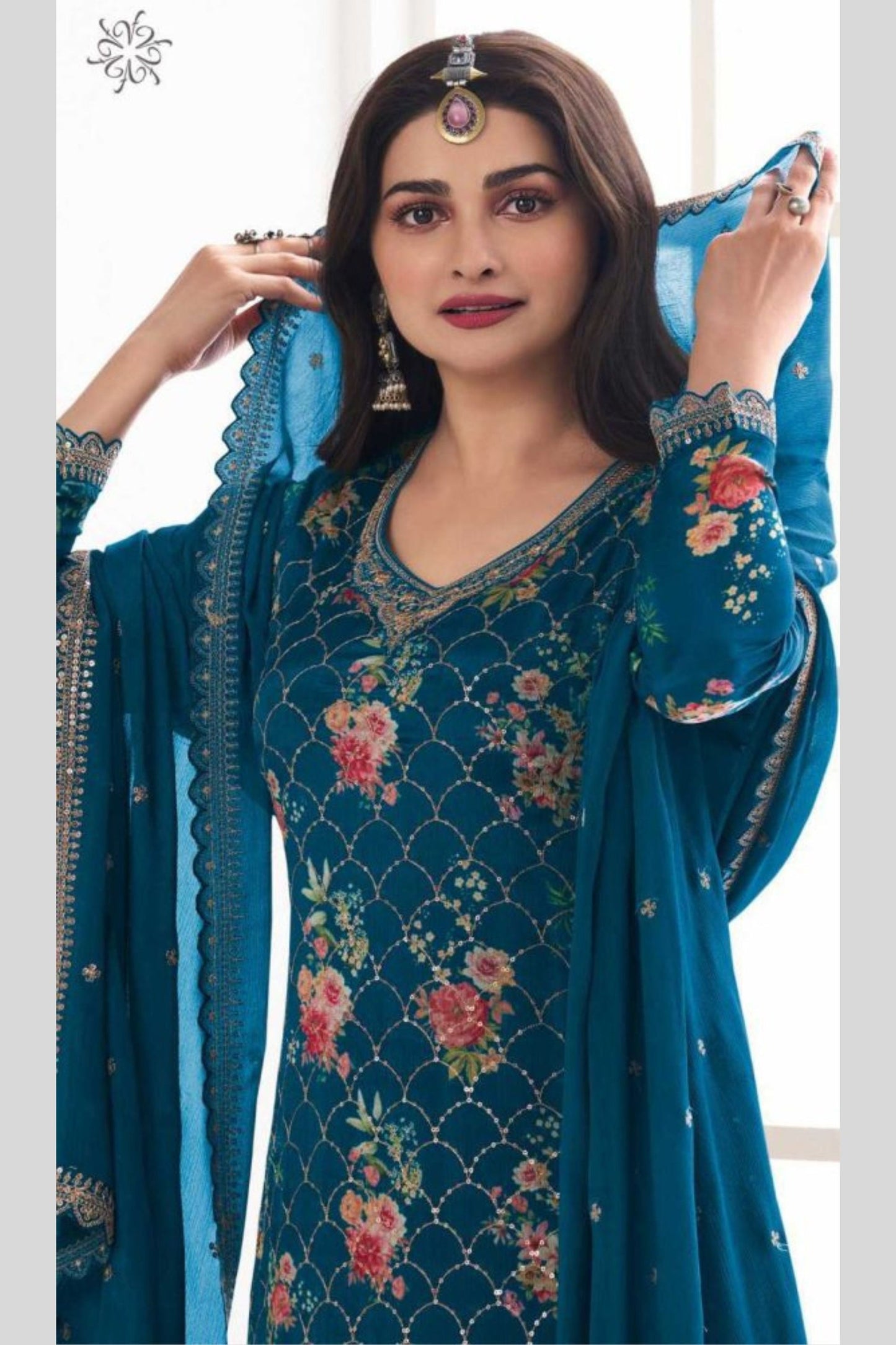 Teal Blue Chinon Silk Plus Size Floral Plazo Suit For Festivals & Weddings Dress - Embroidery Work, Print Work