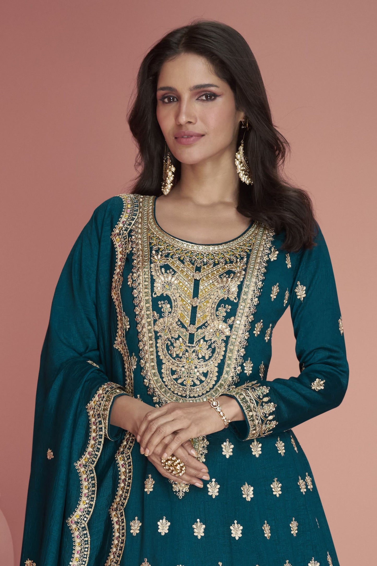 Teal Silk Plazzo Suit For Festivals & Weddings - Thread Embroidery Work