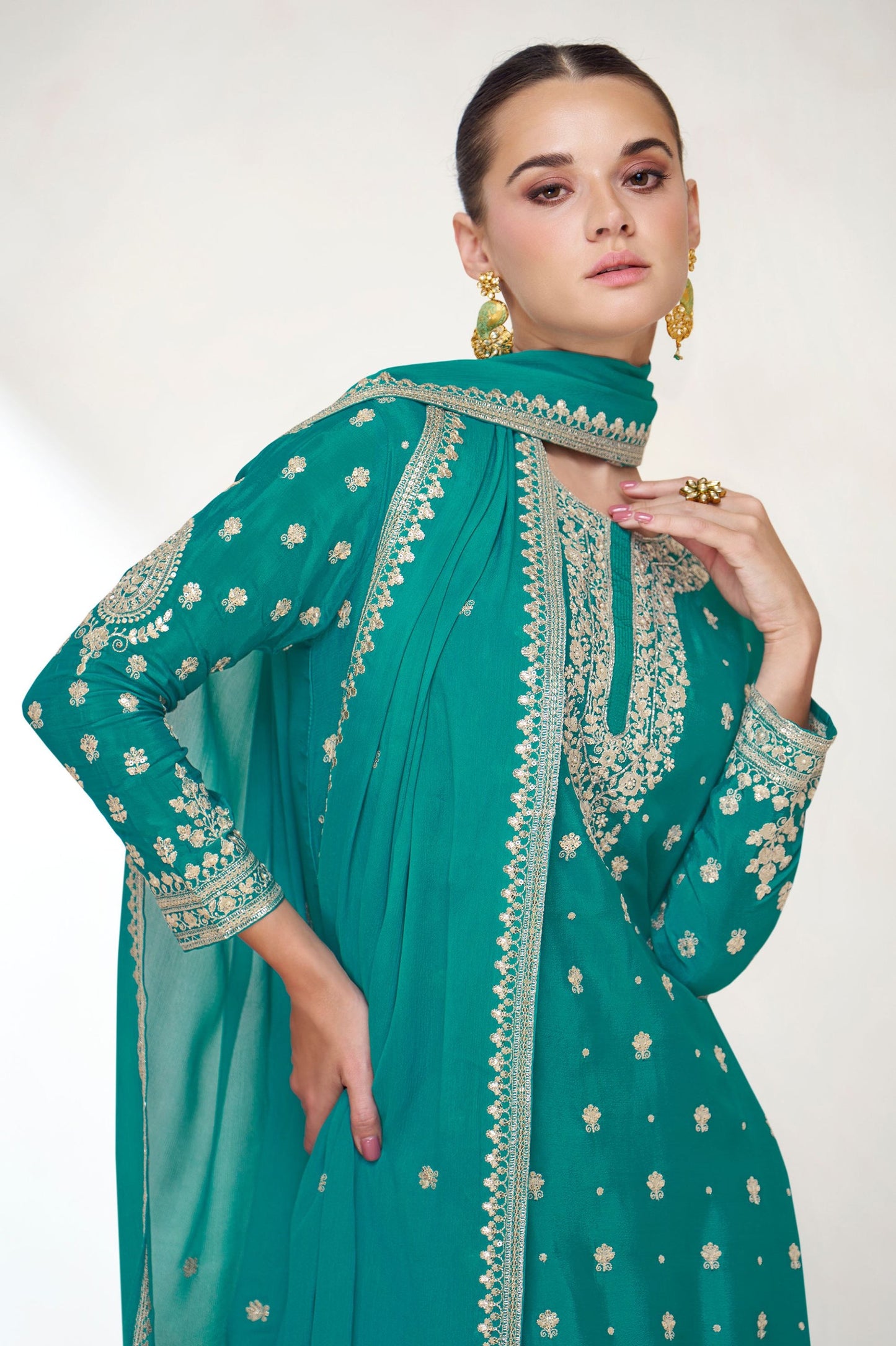 Turquoise Chinon Silk Sharara With Kameez - Embroidery Work