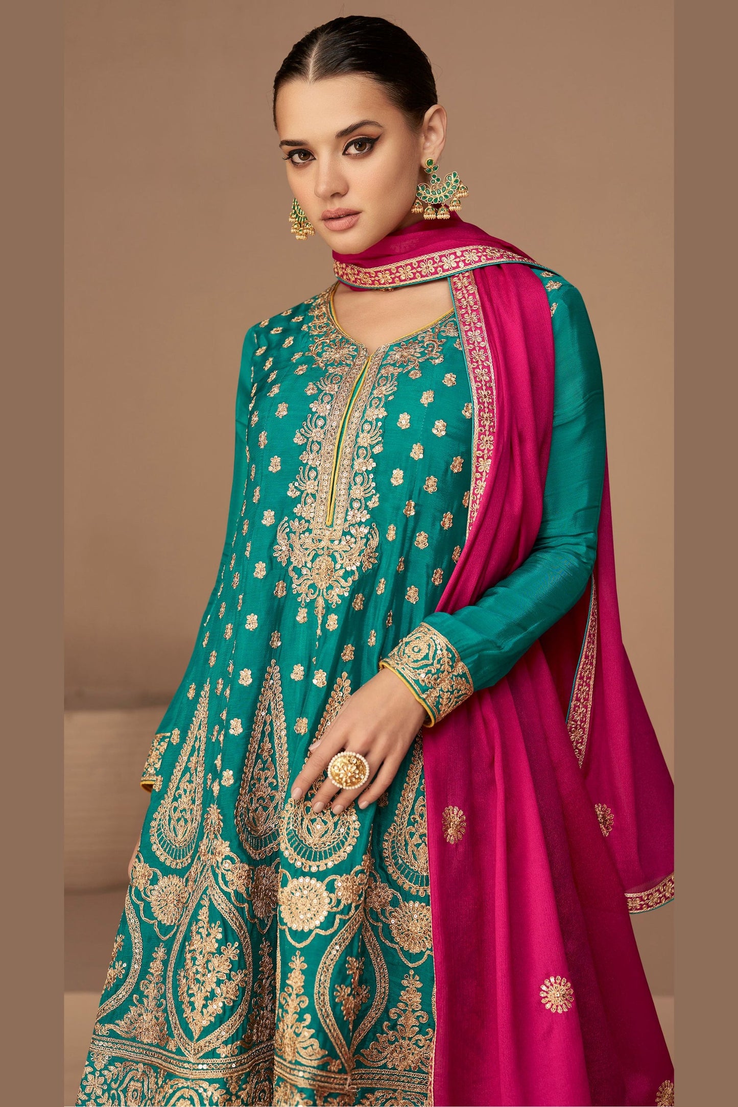 Teal Chinon Silk salwar Suit - Thread Embroidery Work