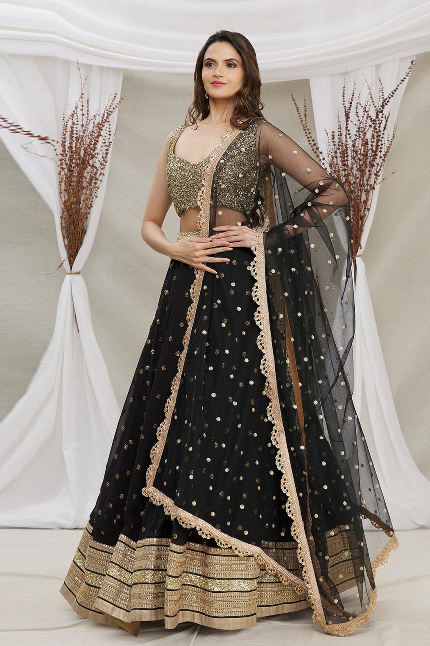 Black Georgette Lehenga Choli For Festivals & Weddings - Sequence Embroidery Work