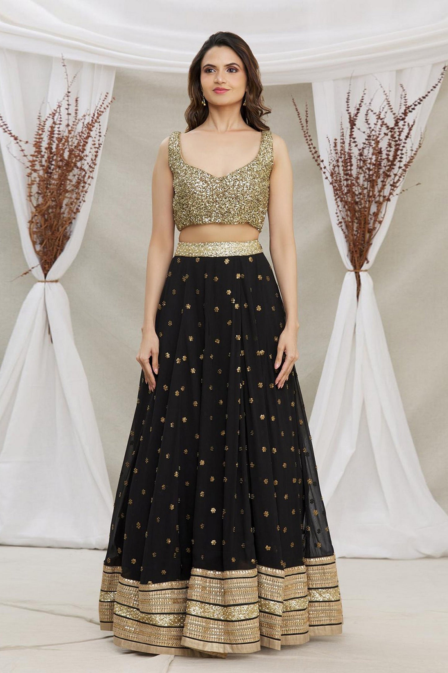 Black Georgette Lehenga Choli For Festivals & Weddings - Sequence Embroidery Work