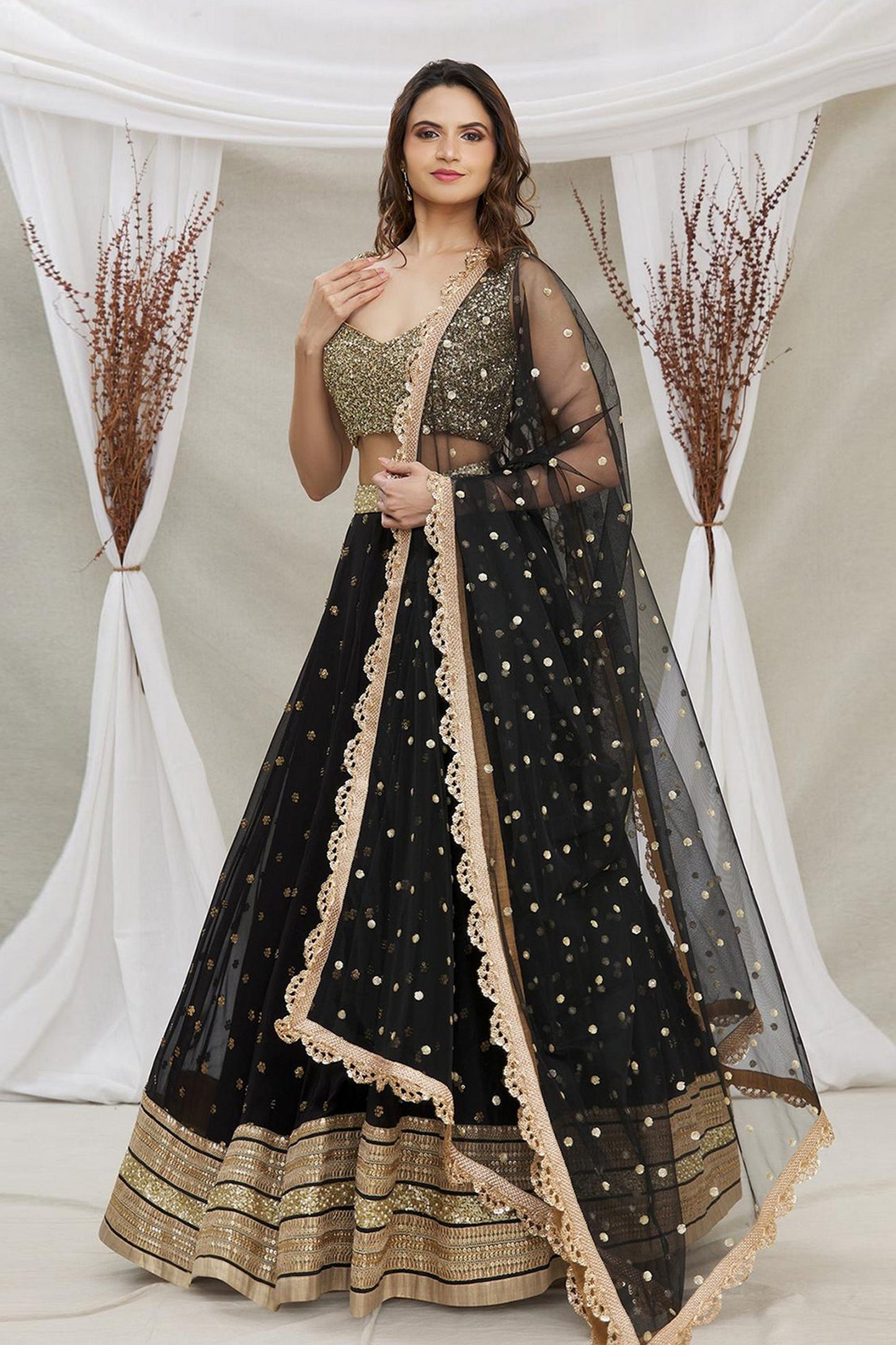 Black Georgette Lehenga Choli For Festivals & Weddings - Sequence Embroidery Work