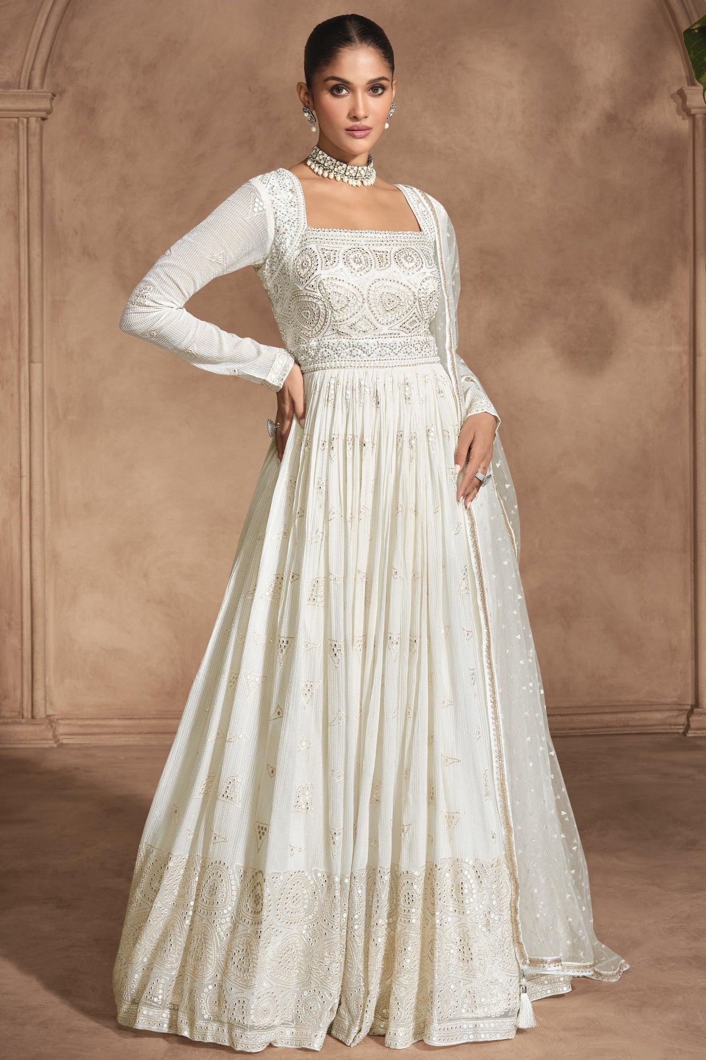 White Georgette Floor Full Length Anarkali Suit Dress For  Festivals & Weddings - Chikankari Embroidery Work