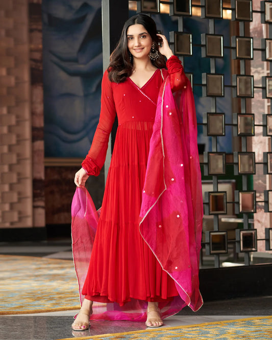 Stitched Anarkali Georgette Suit Set + Dupatta : Red