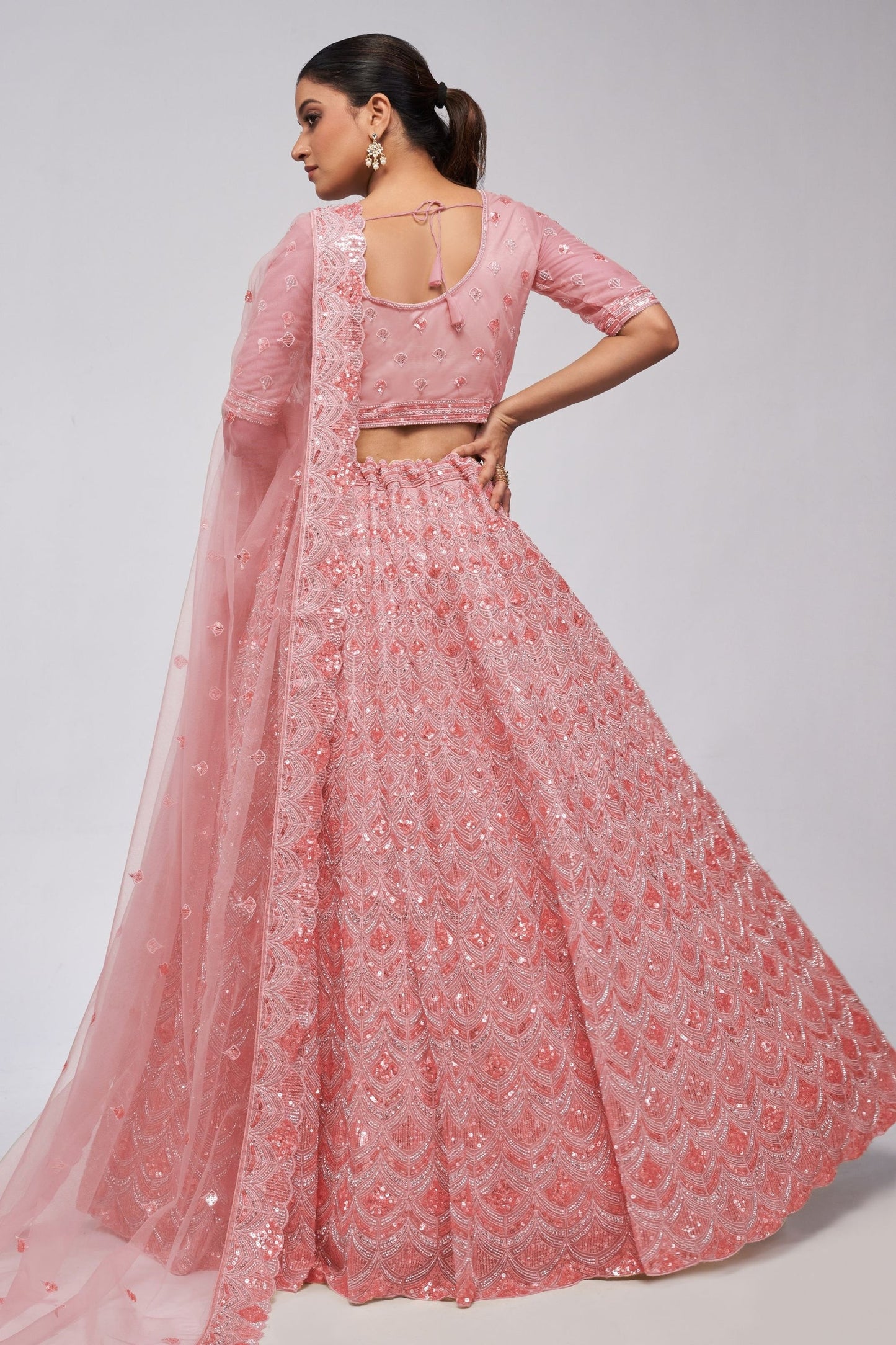 Odette Pink Net Lehenga Choli For  Festivals & Weddings - Sequence Embroidery Work, Bead Work, Zarkan Work