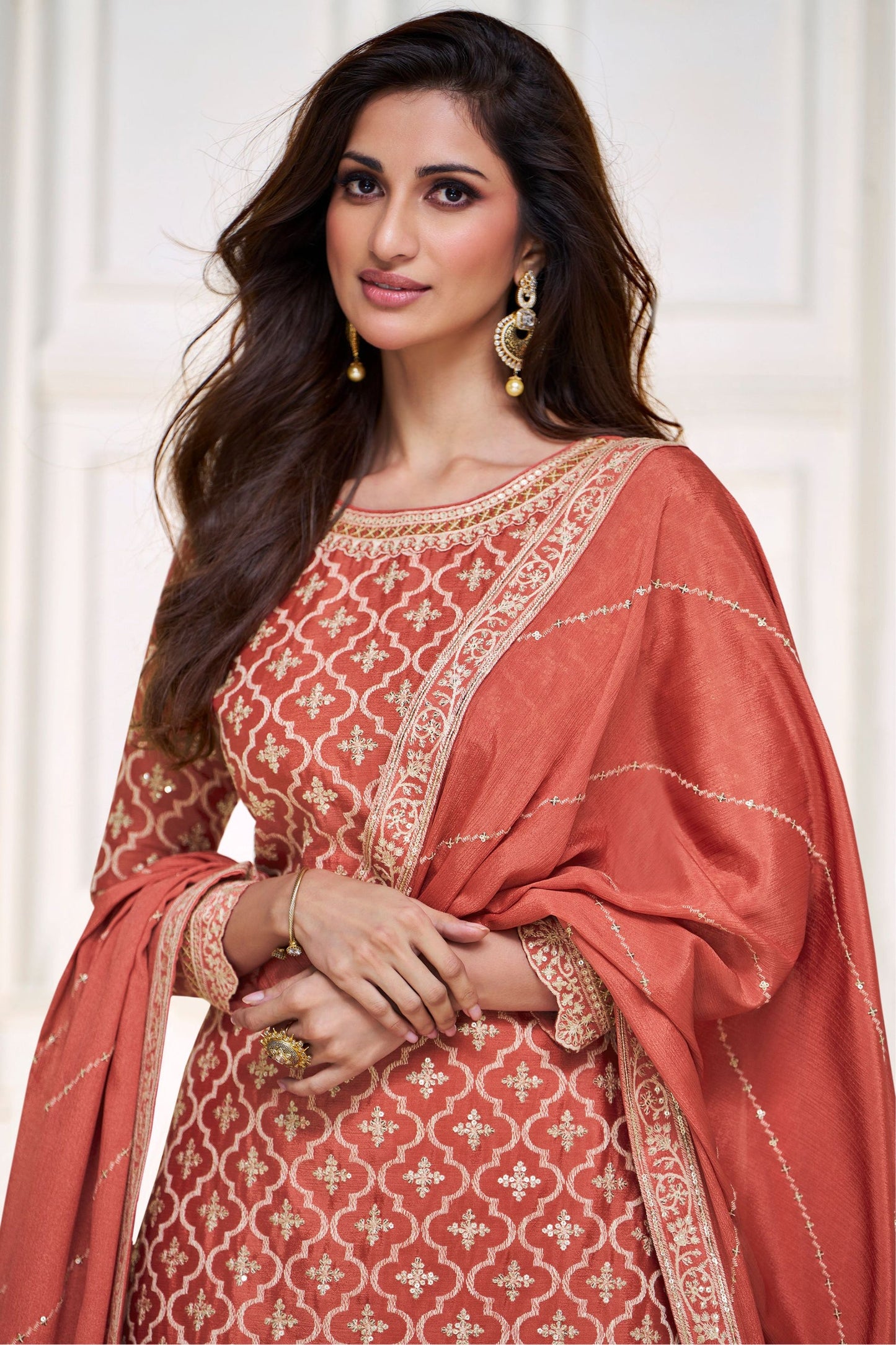 Orange Chinon Silk Salwar suit with Skirt - Embroidery Work