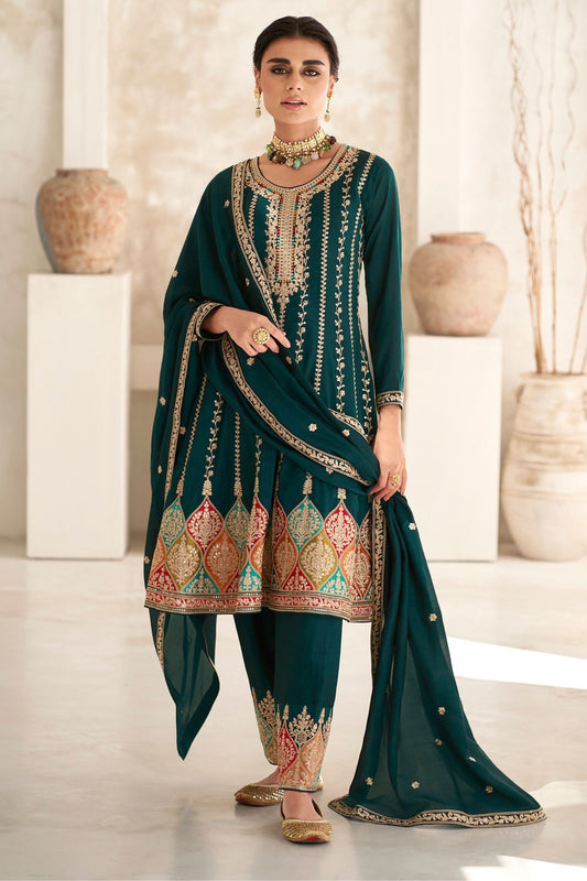 Teal Grean Chinon Silk Salwar suit - Thread Embroidery Work