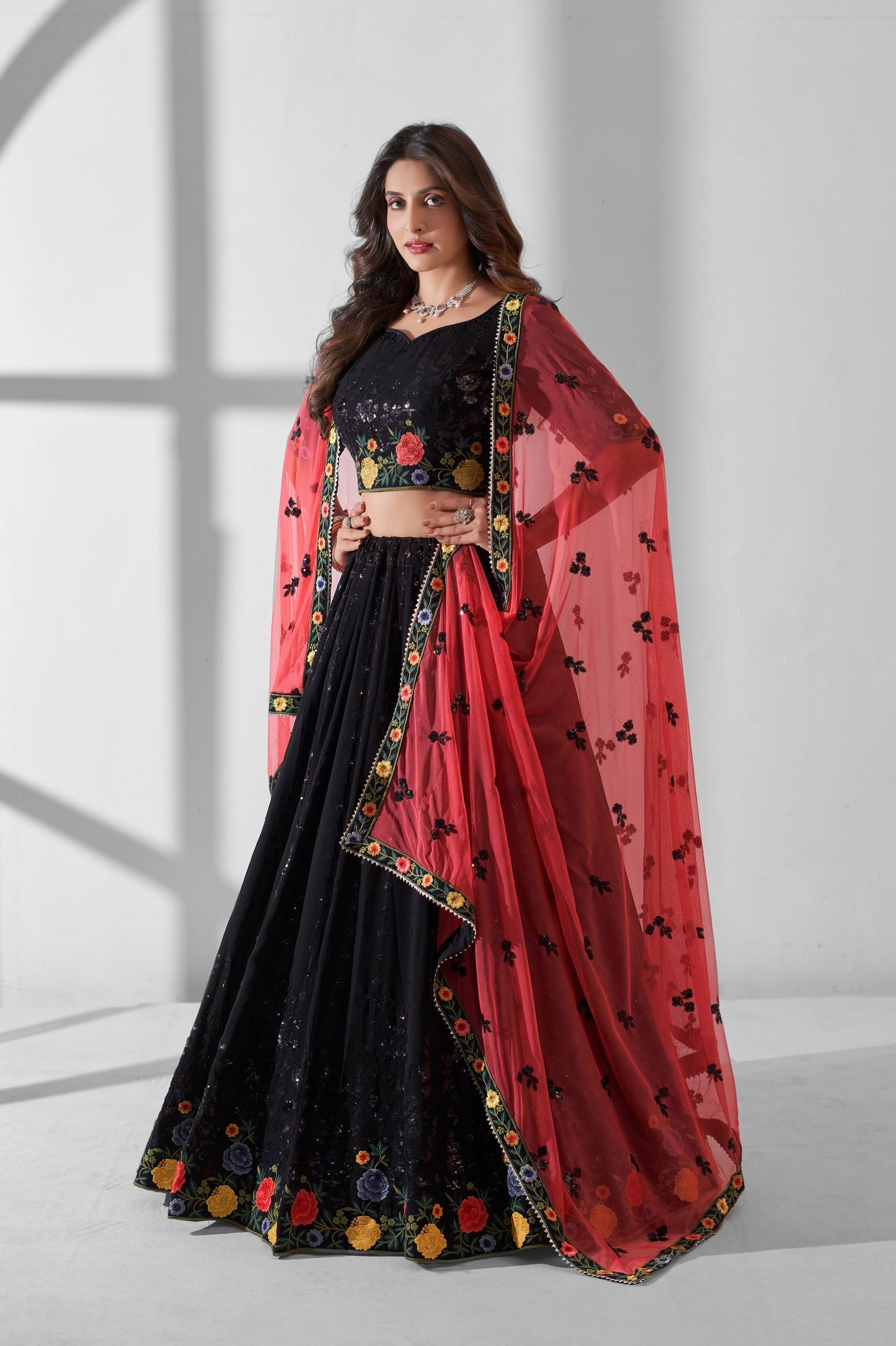 Black Georgette Flower Embroidered Lehenga Choli For Festivals & Weddings - Sequence Embroidery Work, Thread Embroidery Work