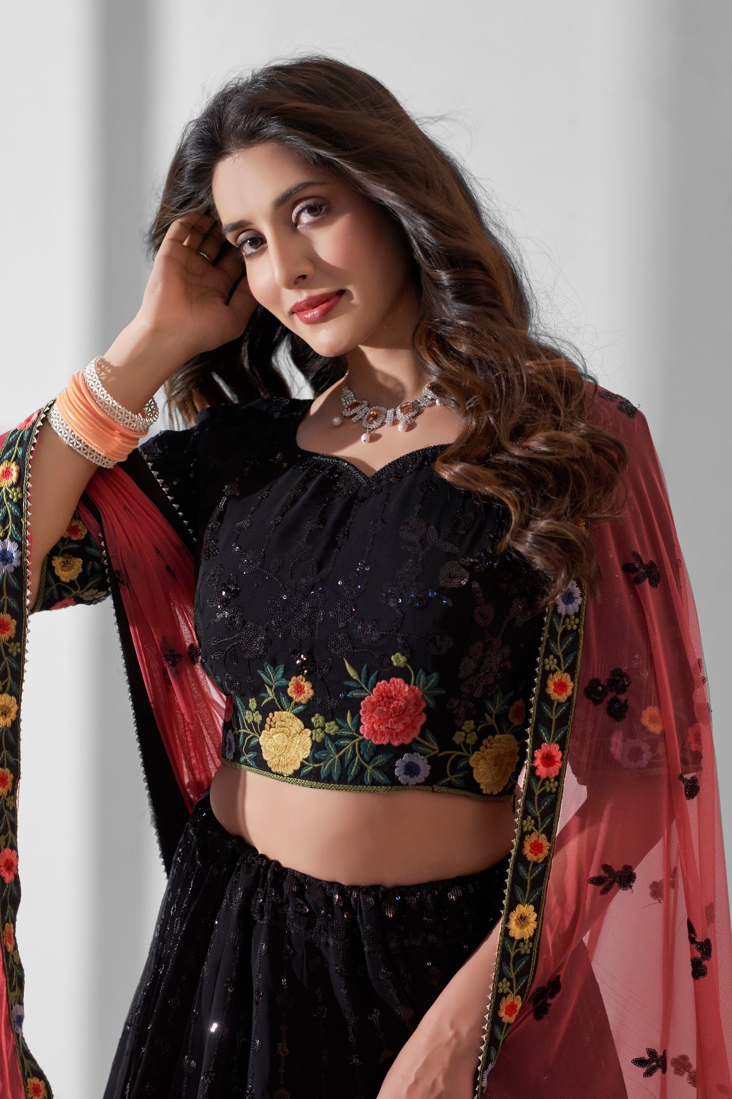 Black Georgette Flower Embroidered Lehenga Choli For Festivals & Weddings - Sequence Embroidery Work, Thread Embroidery Work