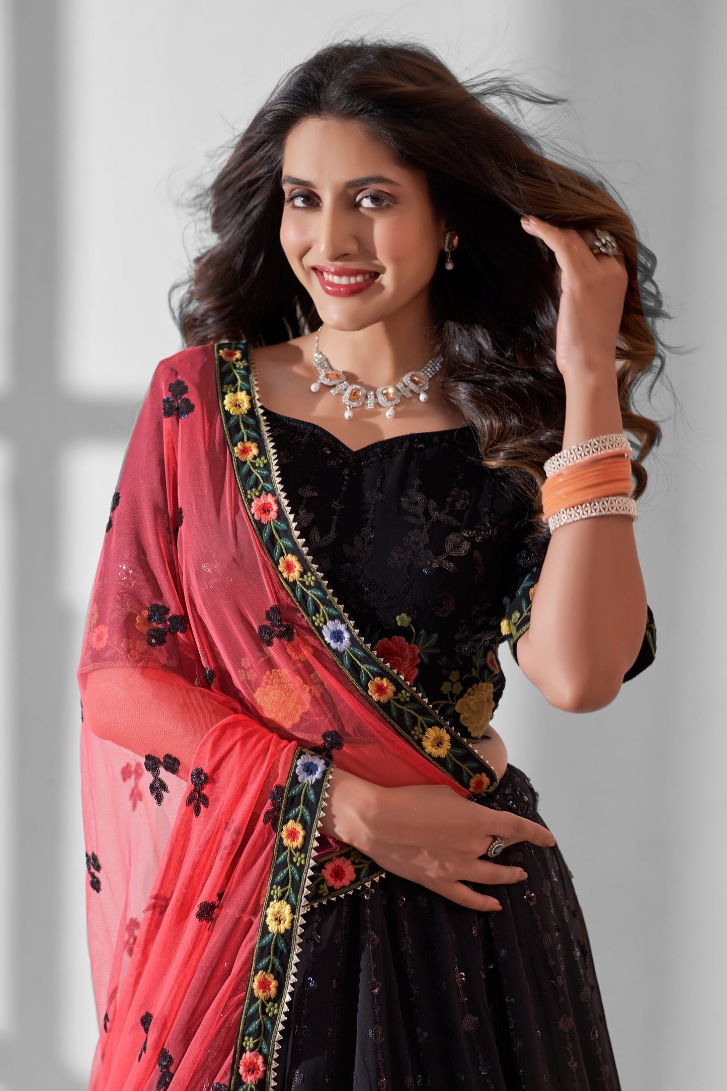 Black Georgette Flower Embroidered Lehenga Choli For Festivals & Weddings - Sequence Embroidery Work, Thread Embroidery Work