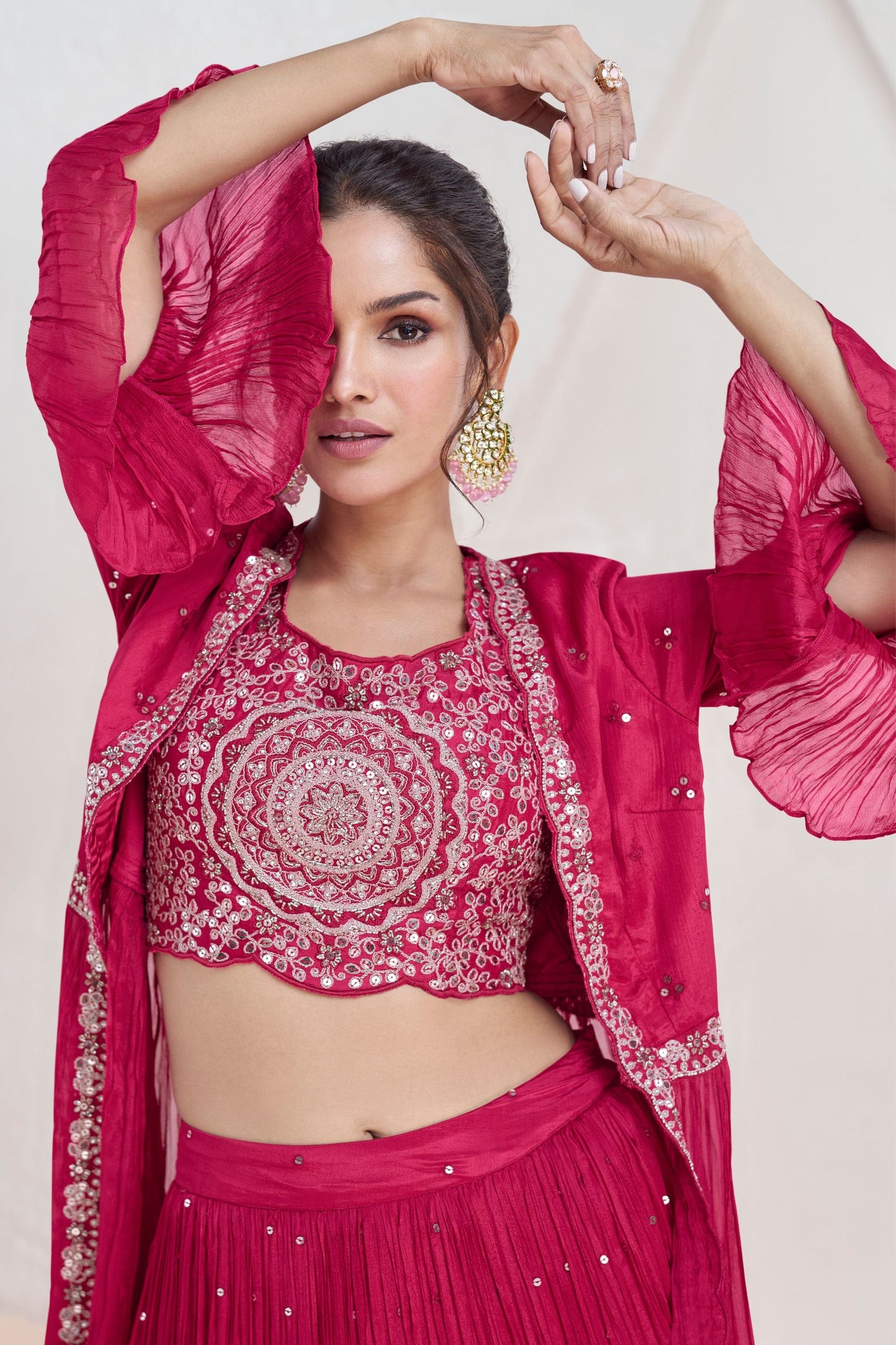 Reddish Pink Georgette Lehenga Choli with Koti For Wedding &  Festival - Embroidery Work