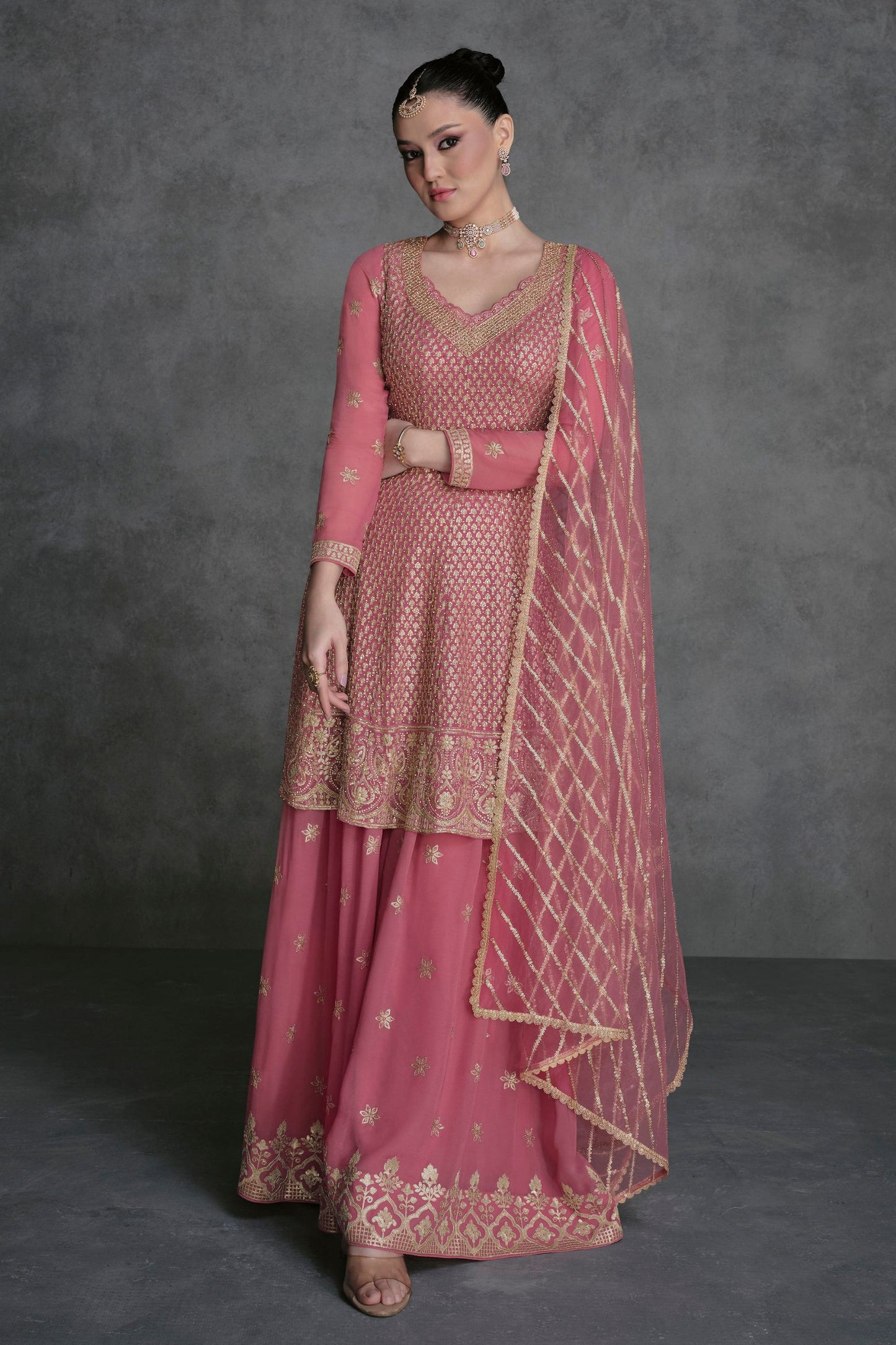 Pink Georgette Plazo Suits For Festivals & Weddings - Embroidery Work
