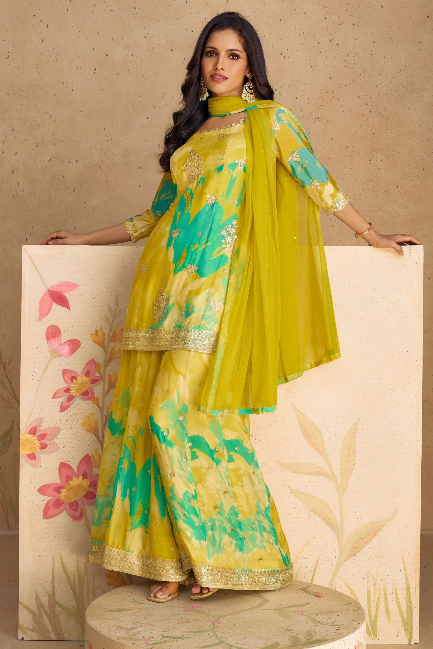 Parrot Green Chinon Silk Flower Printed Plazo Suit for Indian Partywear & Weddings - Print Work, Embroidery Work