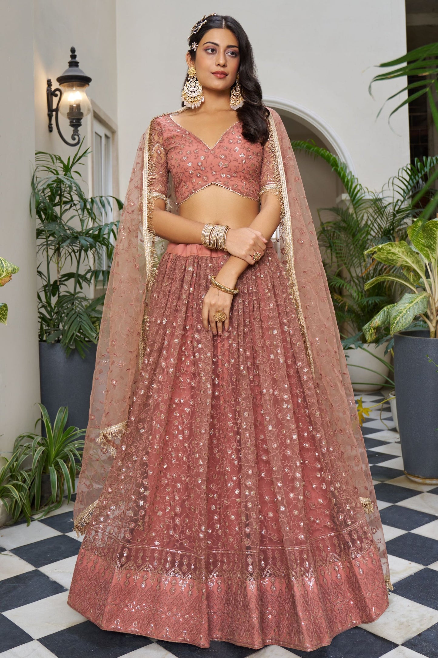 Peach Net Embroidered Lehenga Choli For  Festival & Weddings - Embroidery Work