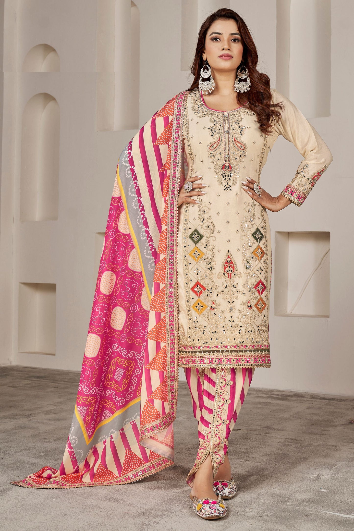 Cream Chinon Silk Salwar suit - Sequence Embroidery Work, Dori Work, Print Work, Mirror Work