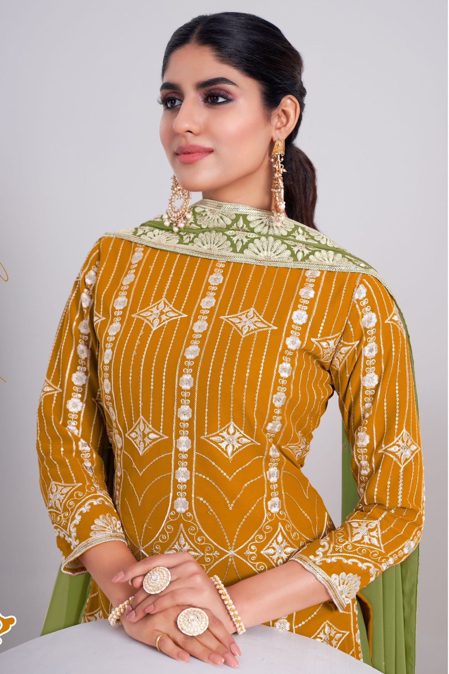 Yellow Georgette Sharara suit - Sequence Embroidery Work, Thread Embroidery Work