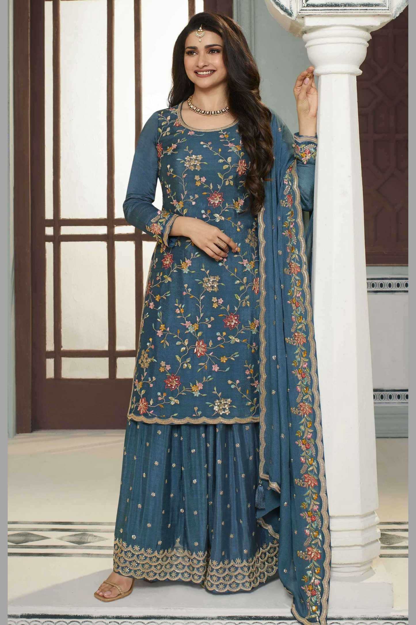 Blue Chinon Silk Floral Plazo Suit For  Festivals &  Weddings Dress - Embroidery Work