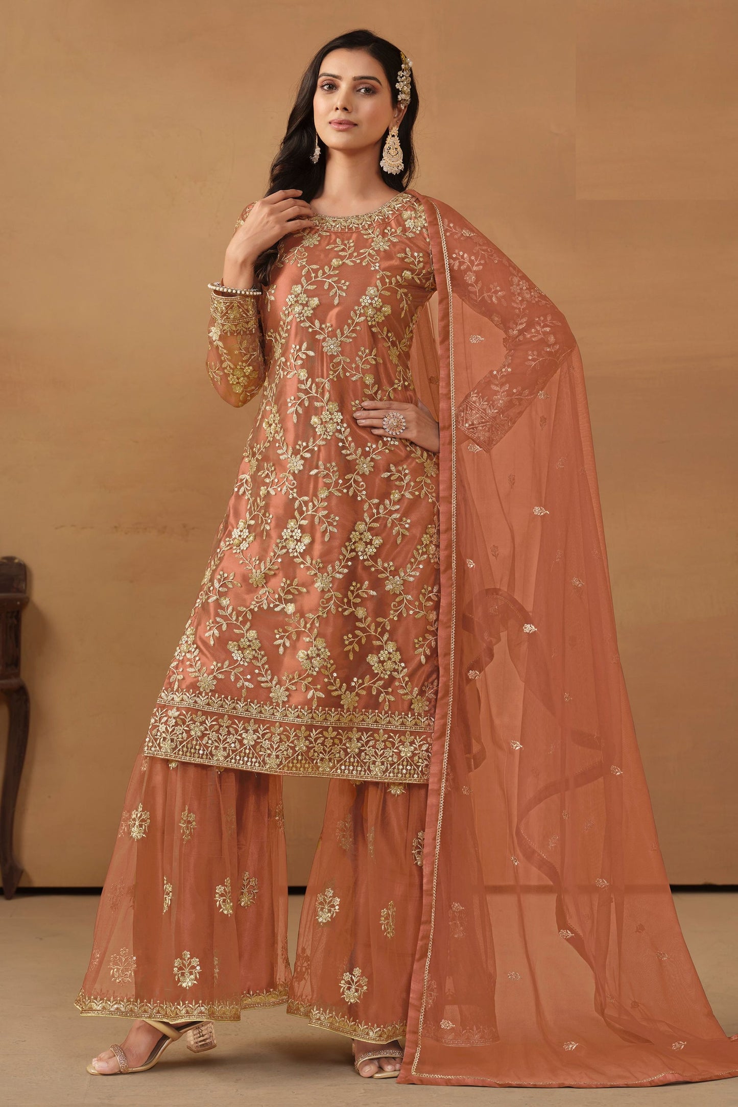 Peach Net Sharara Suit - Thread & Sequence Embroidery Work