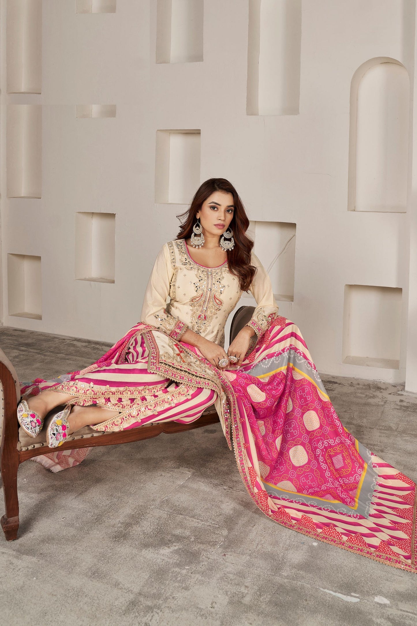 Cream Chinon Silk Salwar suit - Sequence Embroidery Work, Dori Work, Print Work, Mirror Work